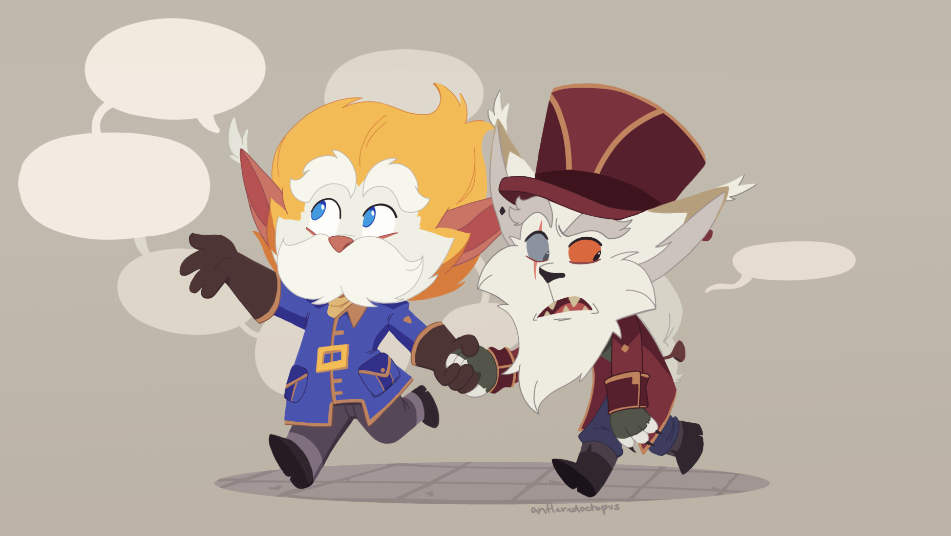 Heimerdinger and Kled holding hands as they walk through Piltover. Heimer is excitedly rambling while Kled is just tolerating the city.