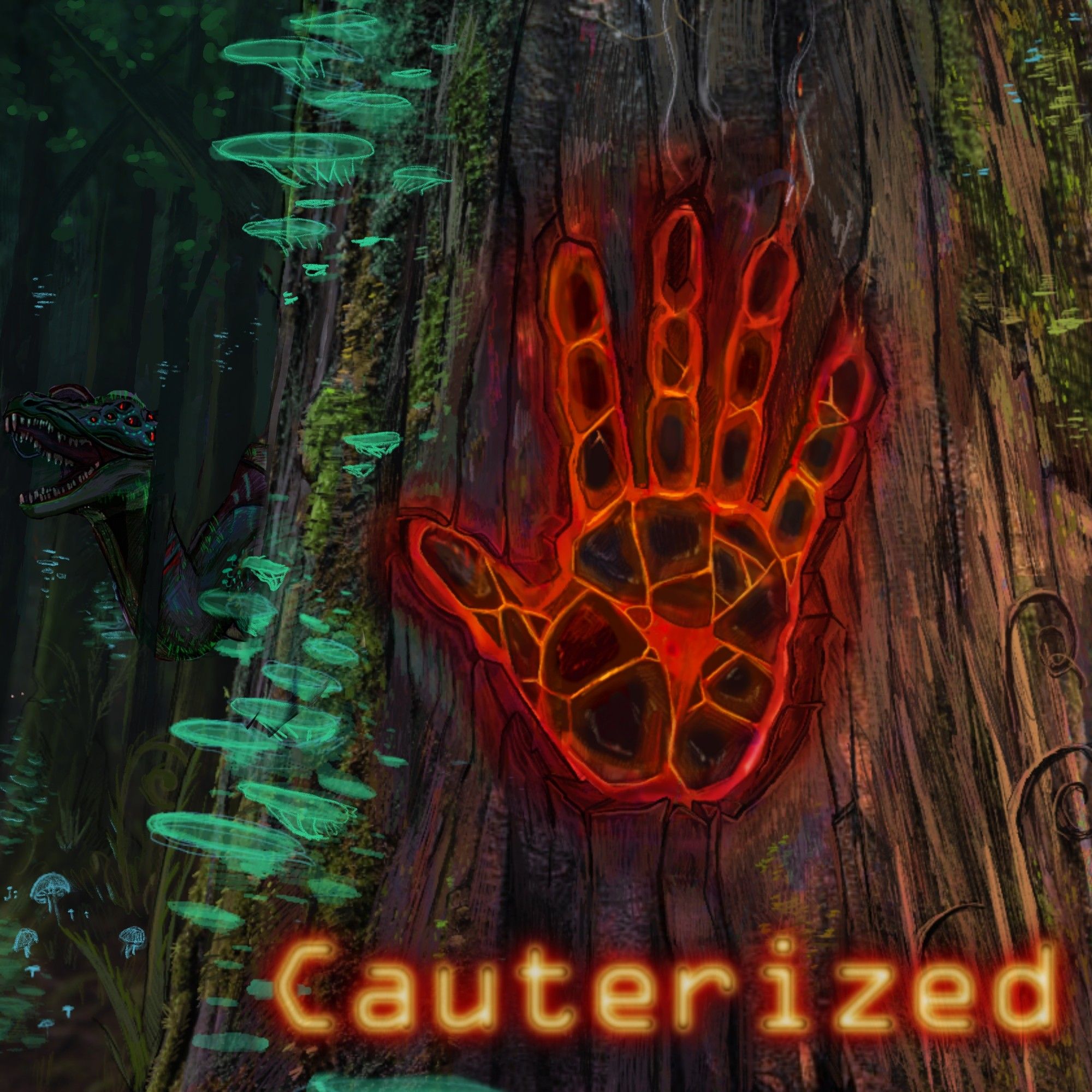 A burned hand print in a tree covered in moss and bioluminescent mushrooms. There's a forest to the left that is otherworldly. Hidden in the trees is a monster. 

There's text almost in a neon sign font but mimicking a cow brand fresh out of the fire.