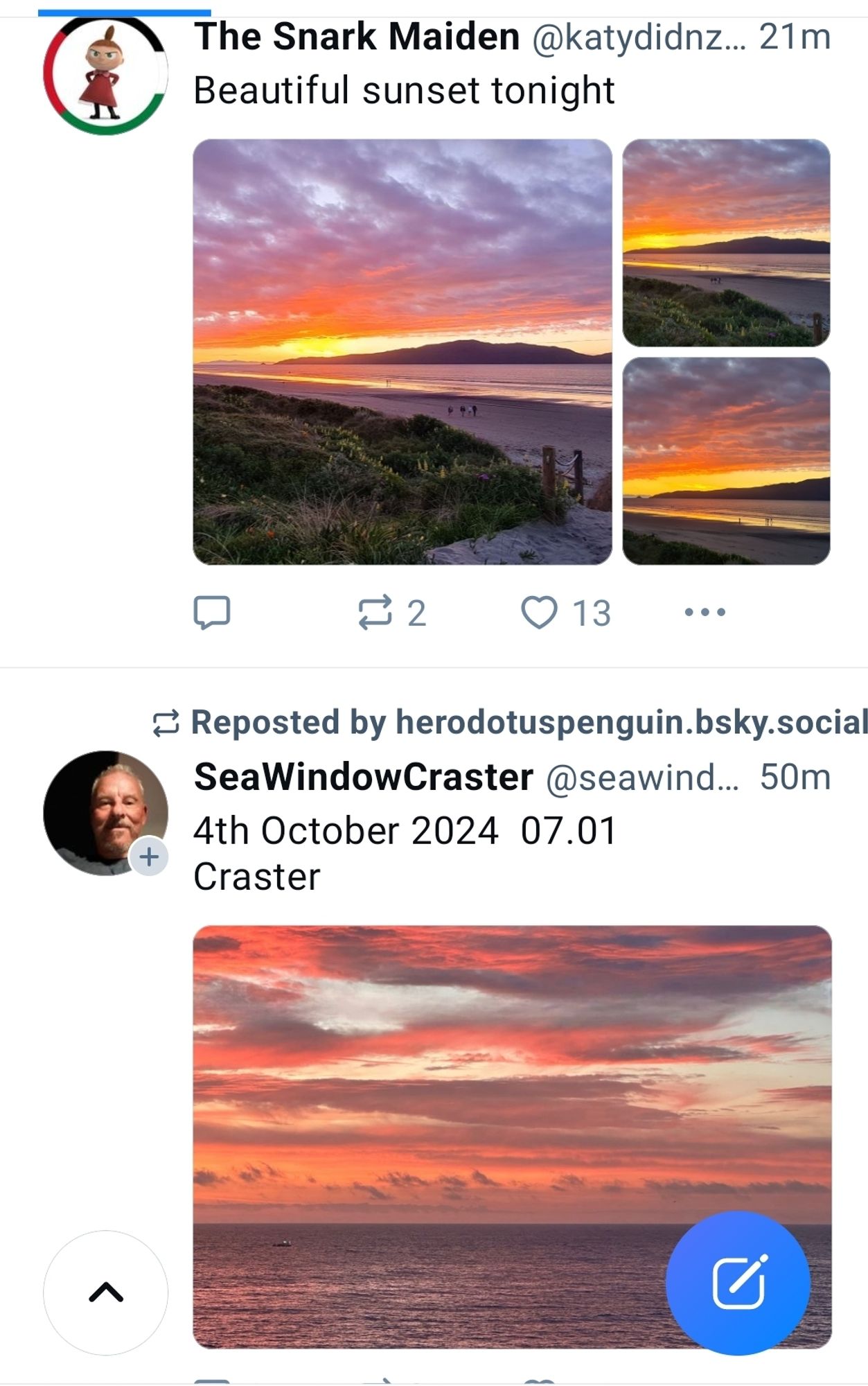 Screenshot showing two posts, one from The Snark Maiden in NZ with a beautiful sunset, and one from SeaWindowCraster who I think is in the UK, so probably showing a sunrise but it's the same colours as the NZ sunset