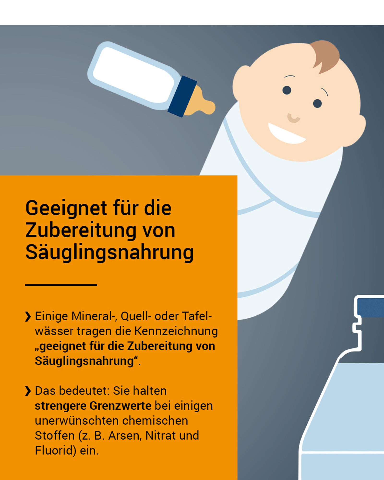 Einige Mineral-, Quell- oder Tafelwässer tragen die Kennzeichnung „geeignet für die Zubereitung von Säuglingsnahrung“. Das bedeutet: Sie halten strengere Grenzwerte bei einigen unerwünschten chemischen Stoffen (z. B. Arsen, Nitrat und Fluorid) ein.