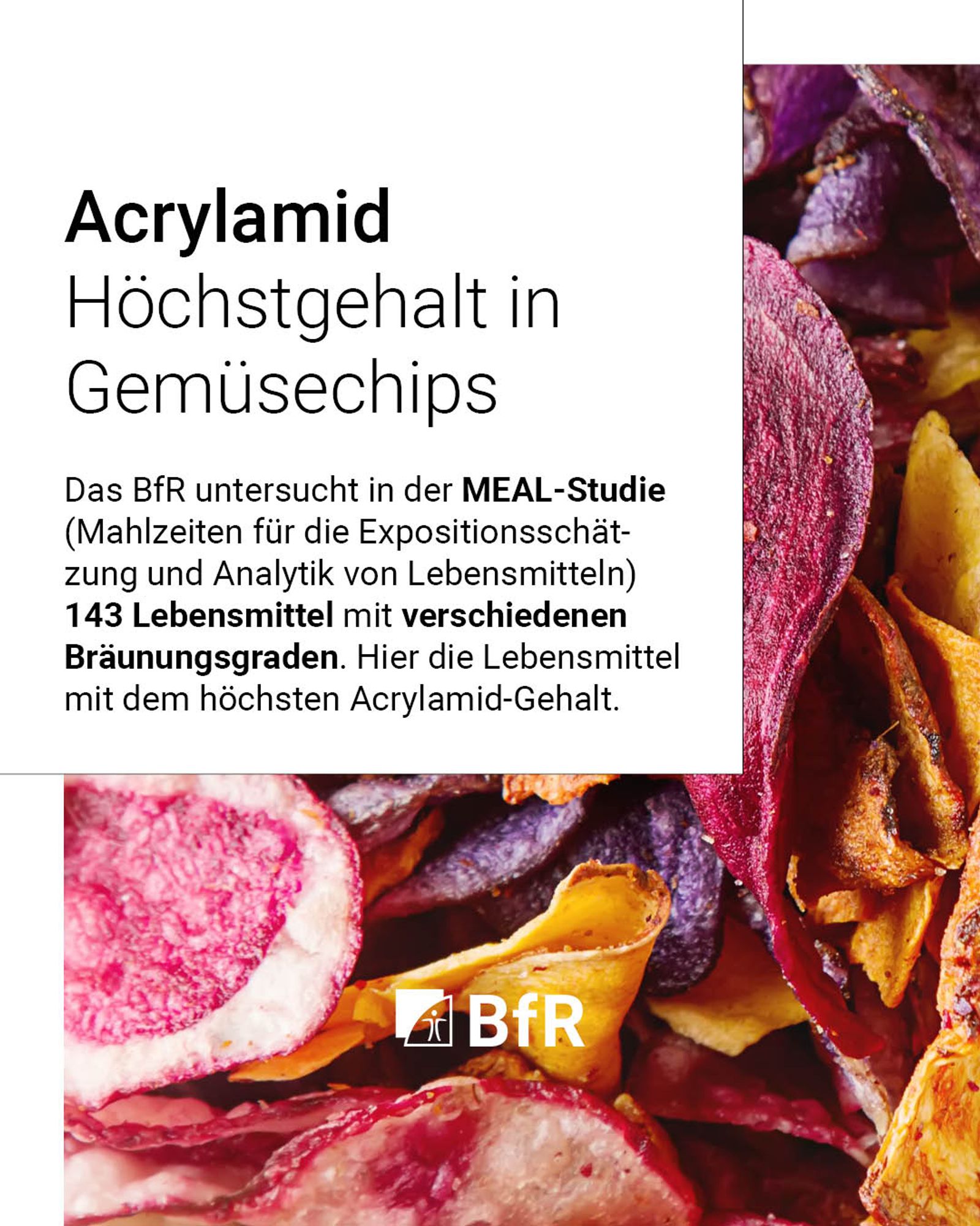 Das BfR untersucht in der MEAL-Studie (Mahlzeiten für die Expositionsschätzung und Analytik von Lebensmitteln) 143 Lebensmittel mit verschiedenen Bräunungsgraden. Hier die Lebensmittel mit dem höchsten Acrylamid-Gehalt.