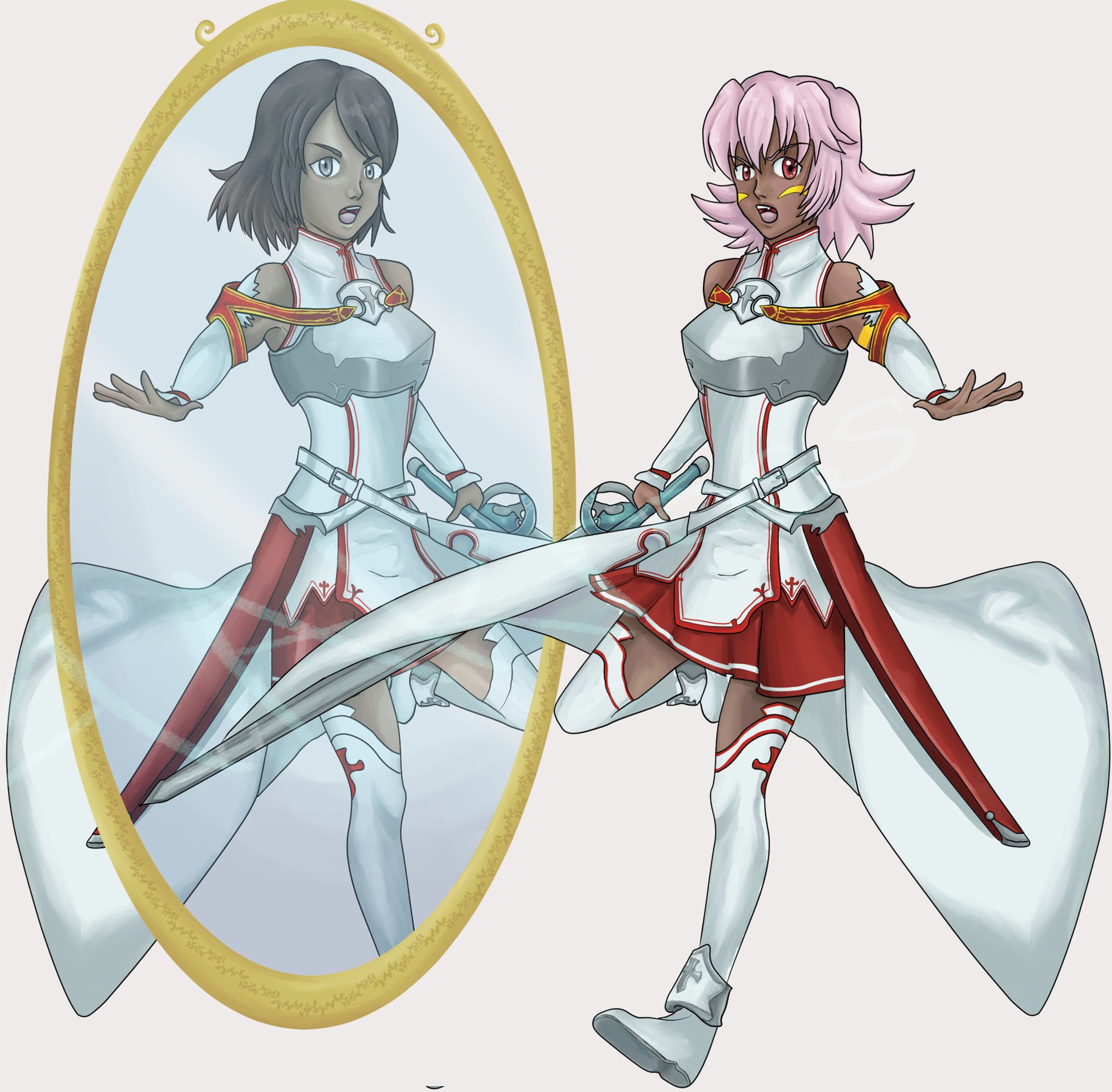 BlackRose dressed as Asuna from Sword Art Online standing in front of a mirror which reflects her player in the Real World Akira both with the same pose.