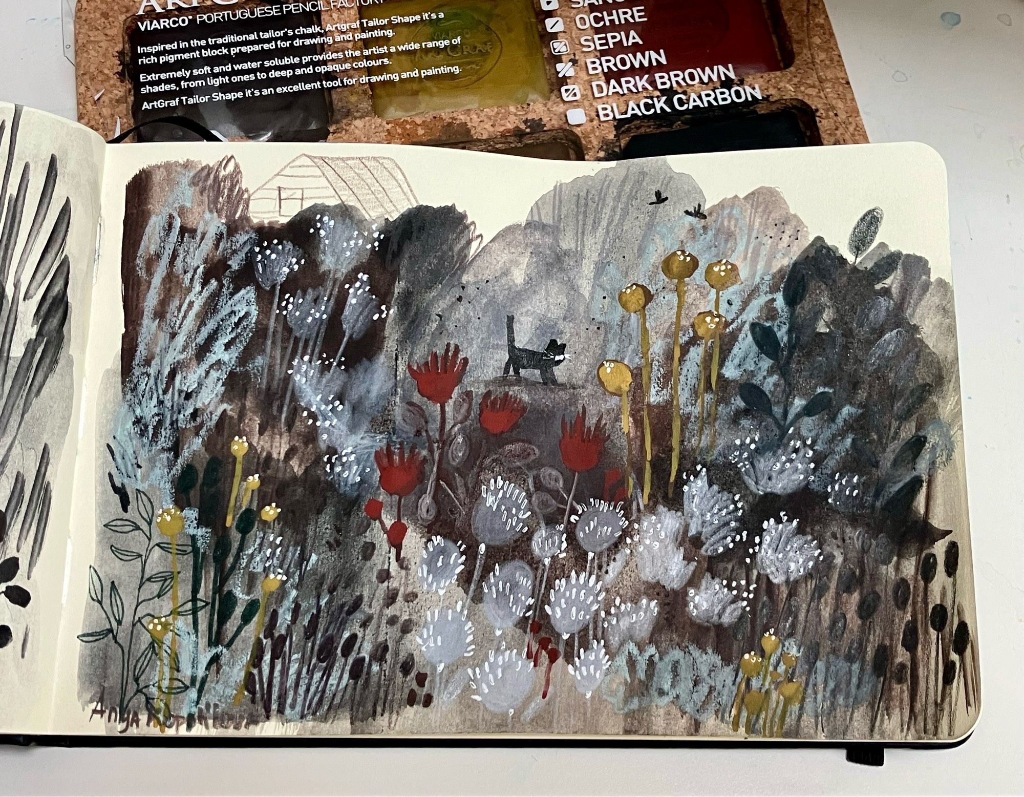 A sketchbook illustration in limited palette of grays and browns, depicting a textures garden plants and in the background, a black kitten walking.