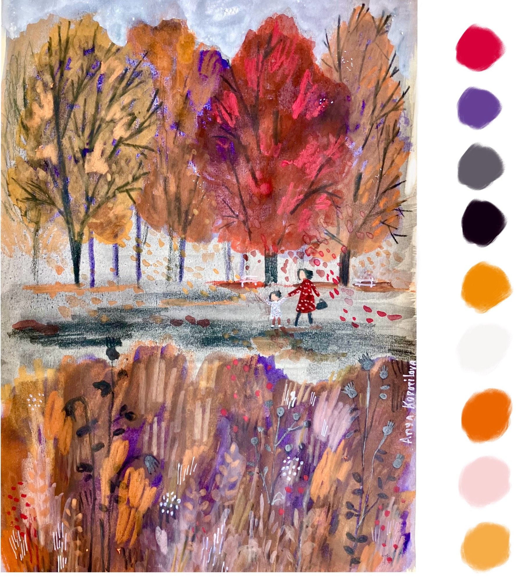 Autumn kidlitart sketch a scene in the park, mom and child catching leaves, red, purple and orange color palette