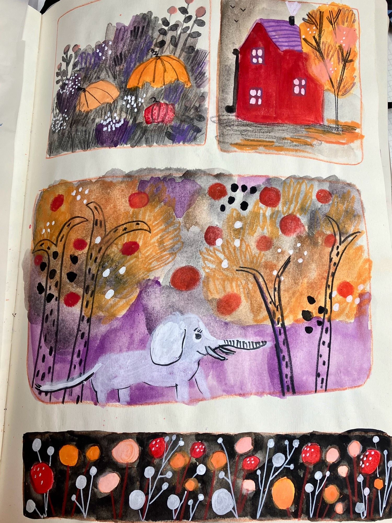 A kidlitart sketchbook page, panel top left - pumpkins in the grass, top right panel red house with an orange tree, middle panel white elephant under orange trees, bottom panel red pink and yellow pattern on black background