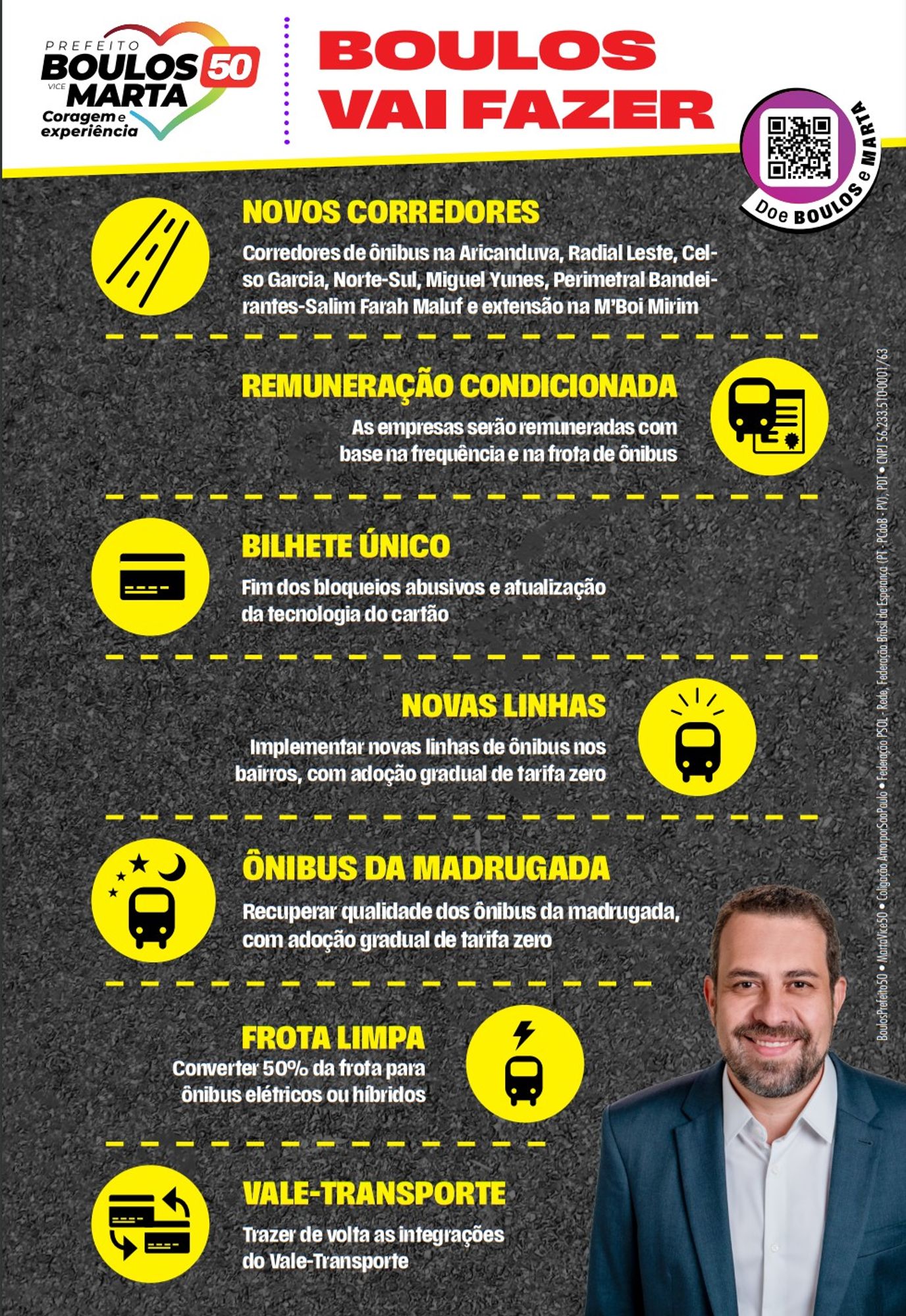 Verso do Panfleto sobre transporte coletivo da campanha do Boulos. O Título diz em destaque: "BOULOS VAI FAZER". Abaixo os tópicos:
"NOVOS CORREDORES.Corredores de ônibus na Aricanduva, Radial Leste, Celso Garcia, Norte-Sul, Miguel Yunes, Perimetral Bandeirantes-Salim Farah Maluf e extensão na M’Boi Mirim"
"REMUNERAÇÃO CONDICIONADA.
As empresas serão remuneradas com base na frequência e na frota de ônibus"
"BILHETE ÚNICO.Fim dos bloqueios abusivos e atualização da tecnologia do cartão"
"NOVAS LINHAS
Implementar novas linhas de ônibus nos bairros, com adoção gradual de tarifa zero"
"ÔNIBUS DA MADRUGADARecuperar qualidade dos ônibus da madrugada, com adoção gradual de tarifa zero"
"FROTA LIMPA
Converter 50% da frota para ônibus elétricos ou híbridos"
"VALE-TRANSPORTE Trazer de volta as integrações do Vale-Transporte"