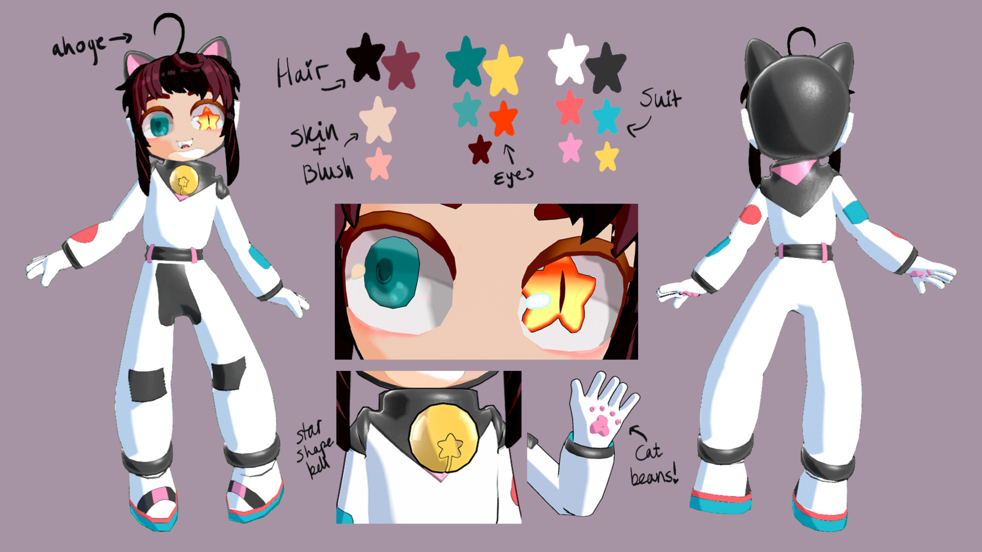 Reference sheet for Akira Eccentric, a cat-themed astronaut.

On the left of the reference sheet is a full-body front view of 3D model Akira, an arrow pointing out their ahoge on the top of their head. Next to it, is the close-up of Akira's eyes, left a forest green, the other a star-shaped glowing iris, gold with red accents and a slitted pupil, like a cat. Below, is their oversized bell with star cutouts, and next to it is Akira's glove with cat beans on the palm. On the far right, is a back view of Akira.

The upper middle section is the color palette for hair, skin and blush, eyes, and space suit.