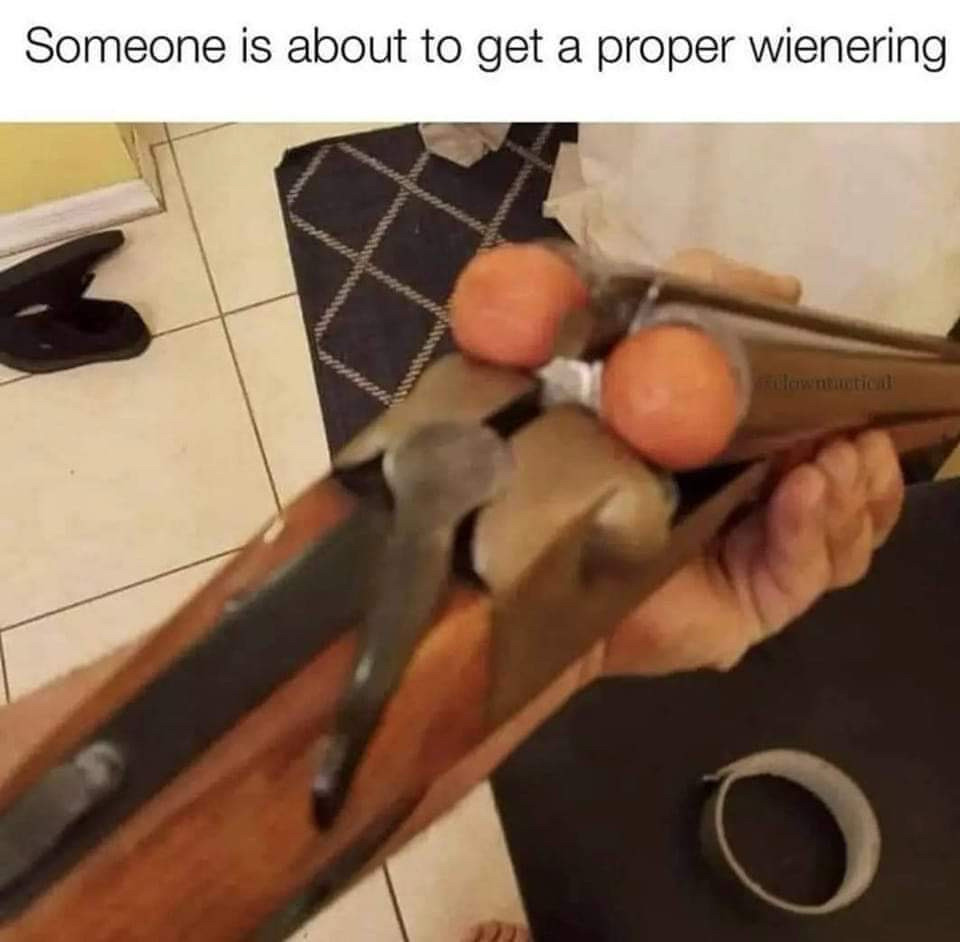 “Someone is about to get a proper wienering” 2 hot dogs in a double barrel shotgun