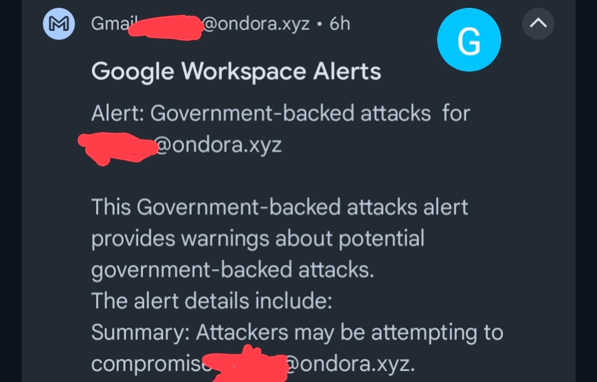 Google warning about government attack on a work account