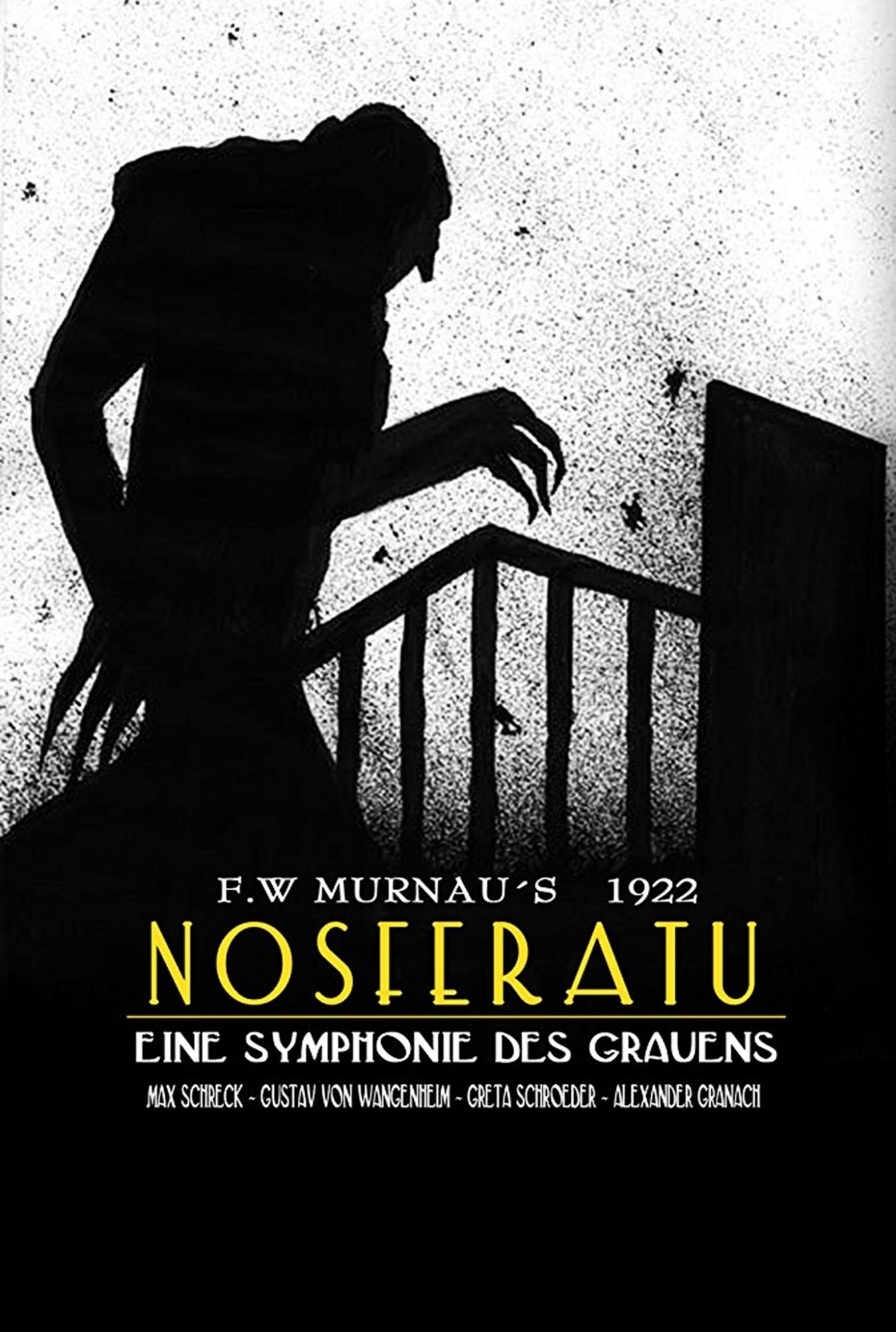 Poster oficial Nosferatu. Uma silhueta preta com longos dedos subindo uma escada com um fundo branco.