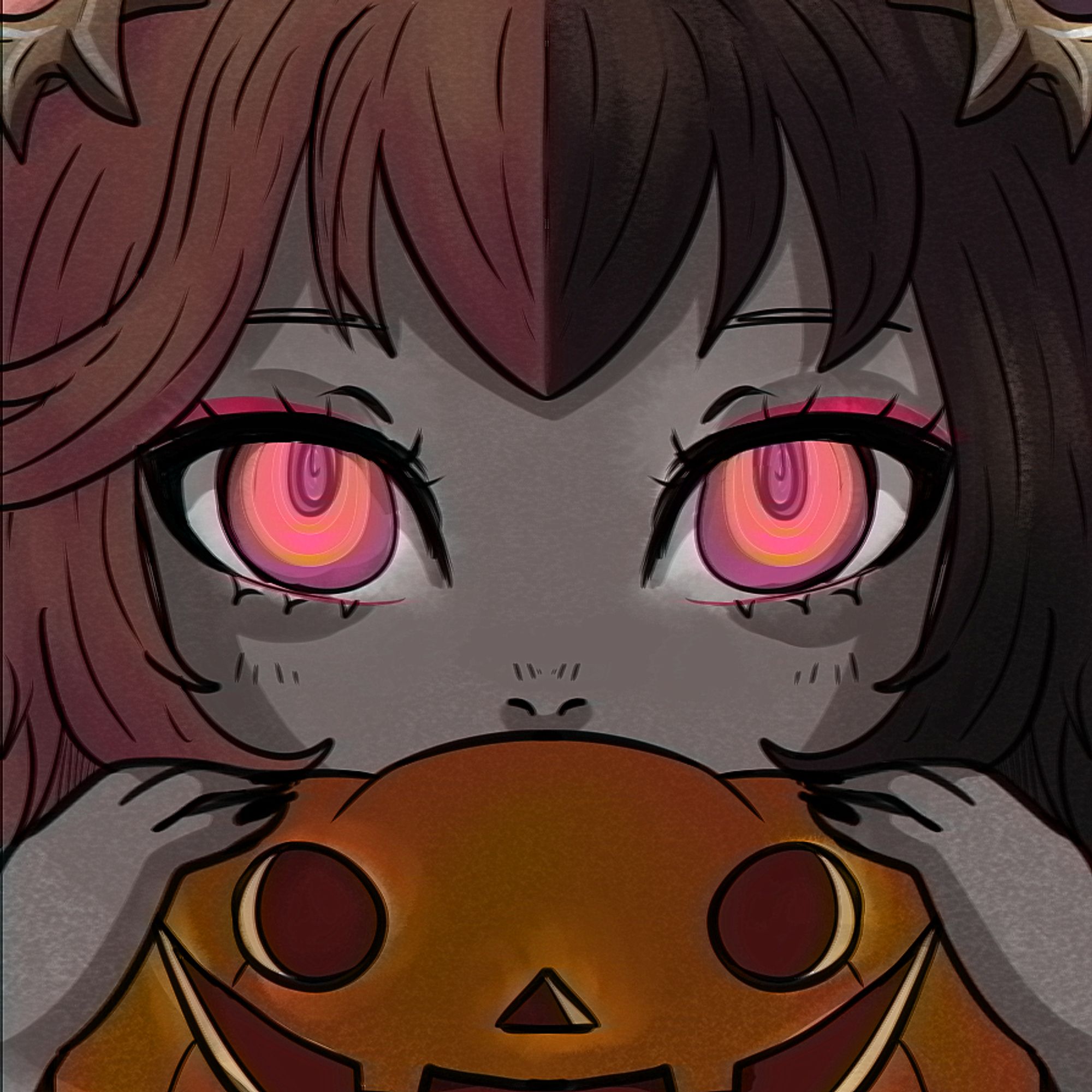 A close-up of a character with dark gray skin and large, glowing, hypnotic pink eyes. The character has a two-tone hairstyle, with dark brown and redish/pinkish hair, and small, sharp horns peeking out from the top. They are holding a carved pumpkin close to their face, obscuring their mouth. The pumpkin has a simple, glowing jack-o'-lantern face, adding to the Halloween-themed vibe. The overall feel is eerie yet cute, with a focus on the character’s captivating eyes and the warm glow of the pumpkin.