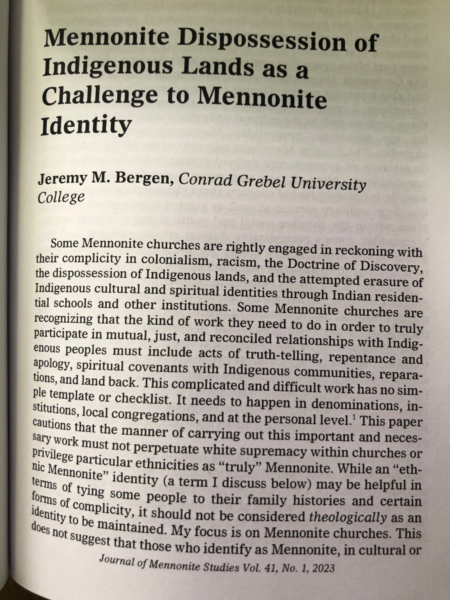 Image of journal article. Article title: Mennonite Dispossession of Indigenous Lands as a Challenge to Mennonite Identity