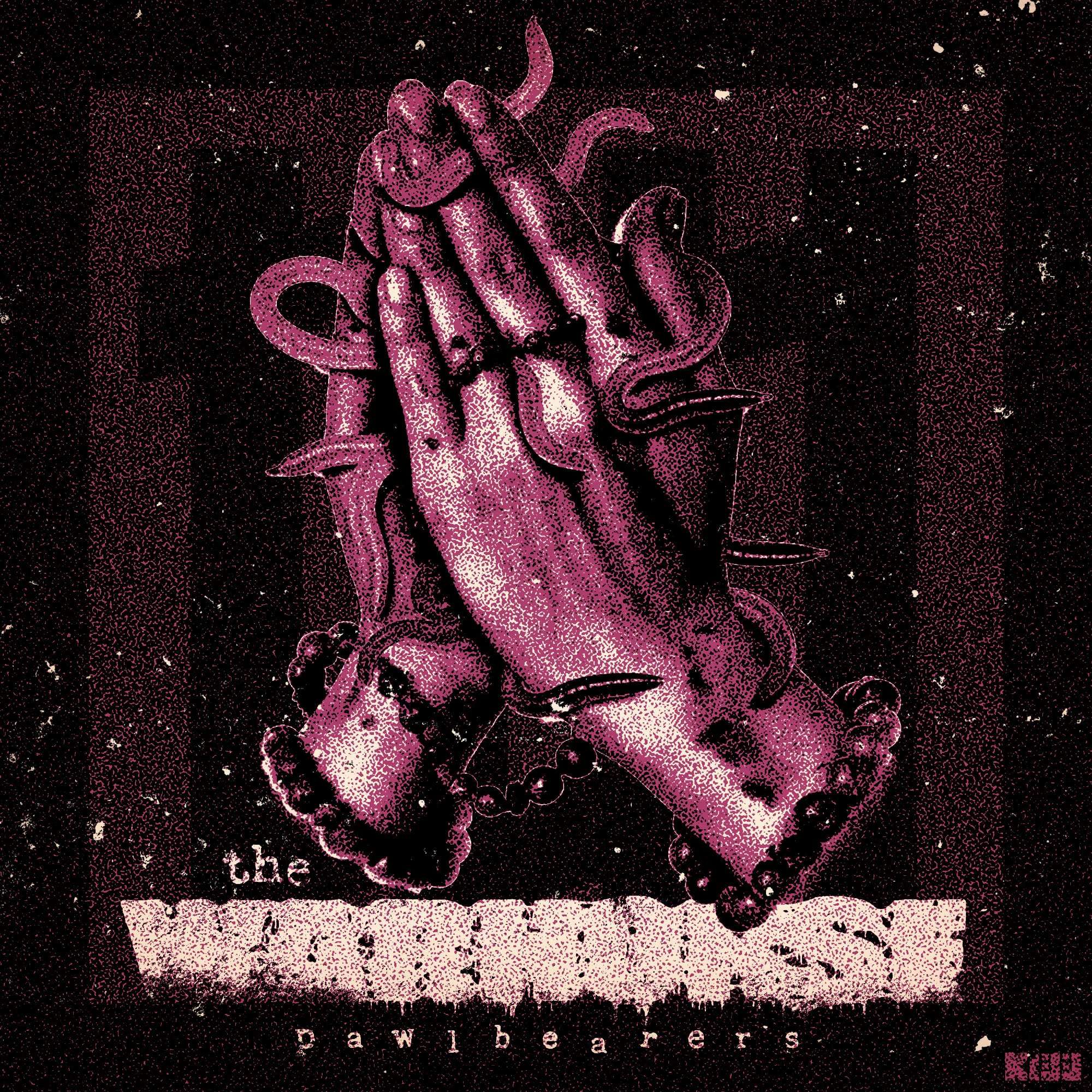 The cover of the album of The Warhorse ~ "Pawlbearers" (2024)

It's a picture of two hands praying while being eaten by worms, and two prayer beads encircling the wrists, in front of square "TW" insignia and "The Warhorse" written underneath, and "Pawlbearers" under that.  Also "Kill All Music" logo in bottom right hand corner.  All colors are black or shades of dark red (magenta).