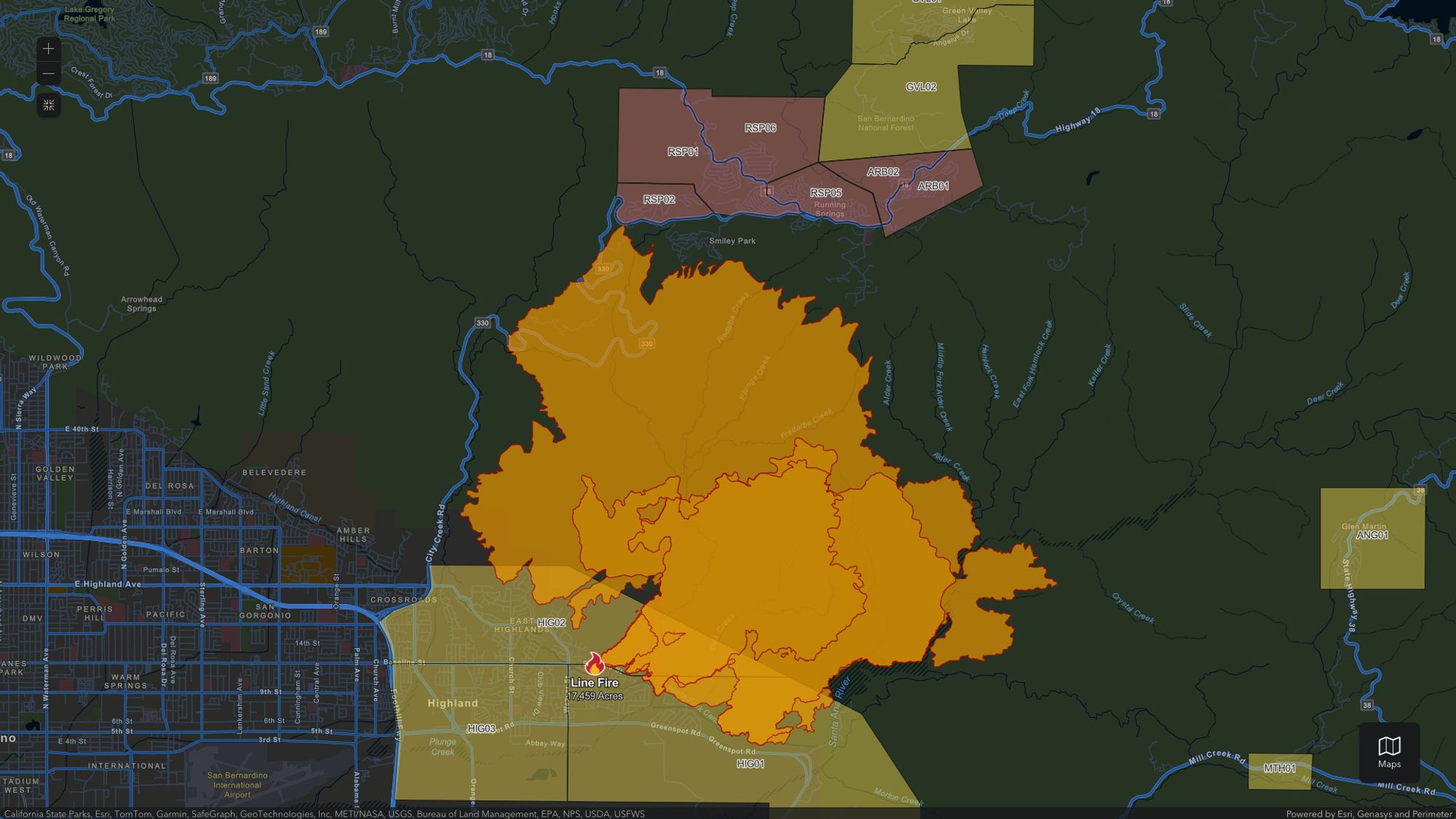 CalFire map and evacuations for Line Fire on the edge of Highland, and Running Springs, California.  Right now Highland, California, Running Springs, and Green Valley Lake are under evacuation orders.  The fire has ascended 17,000+ acres and a State of Emergency has been called in San Bernardino County, California.  https://www.fire.ca.gov/incidents/2024/9/5/line-fire

Date Started
09/05/2024 6:33 PM
Last Updated
09/08/2024 2:37 PM
Cause
Under Investigation
Latitude / Longitude
[34.121119,-117.154705]
Admin Unit
Unified Command: CAL FIRE San Bernardino-Inyo-Mono Unit, City of Highland and San Bernardino National Forest, San Bernardino County Fire Protection District, San Bernardino Sheriff's Department
Incident Management Team
CAL FIRE Incident Management Team 3

Size
    17,459
Containment
    0%
Structures Threatened
    35,405