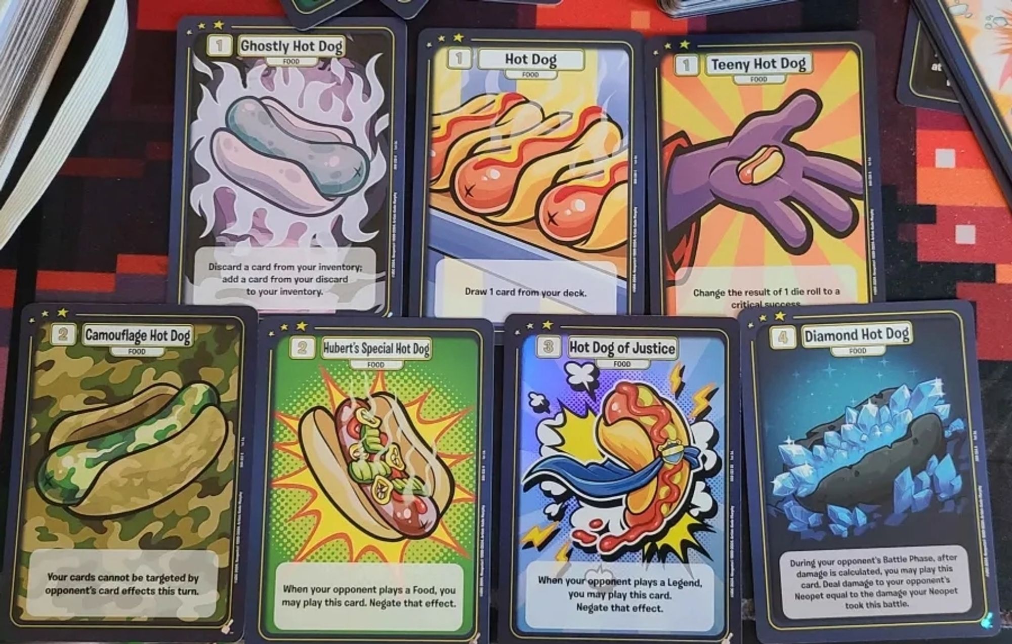 seven neopets battledome tcg hot dog cards: ghostly hot dog card, hot dog card, teeny hot dog card, camouflage hot dog card, hubert's special hot dog card, hot dog of justice card, diamond hot dog card