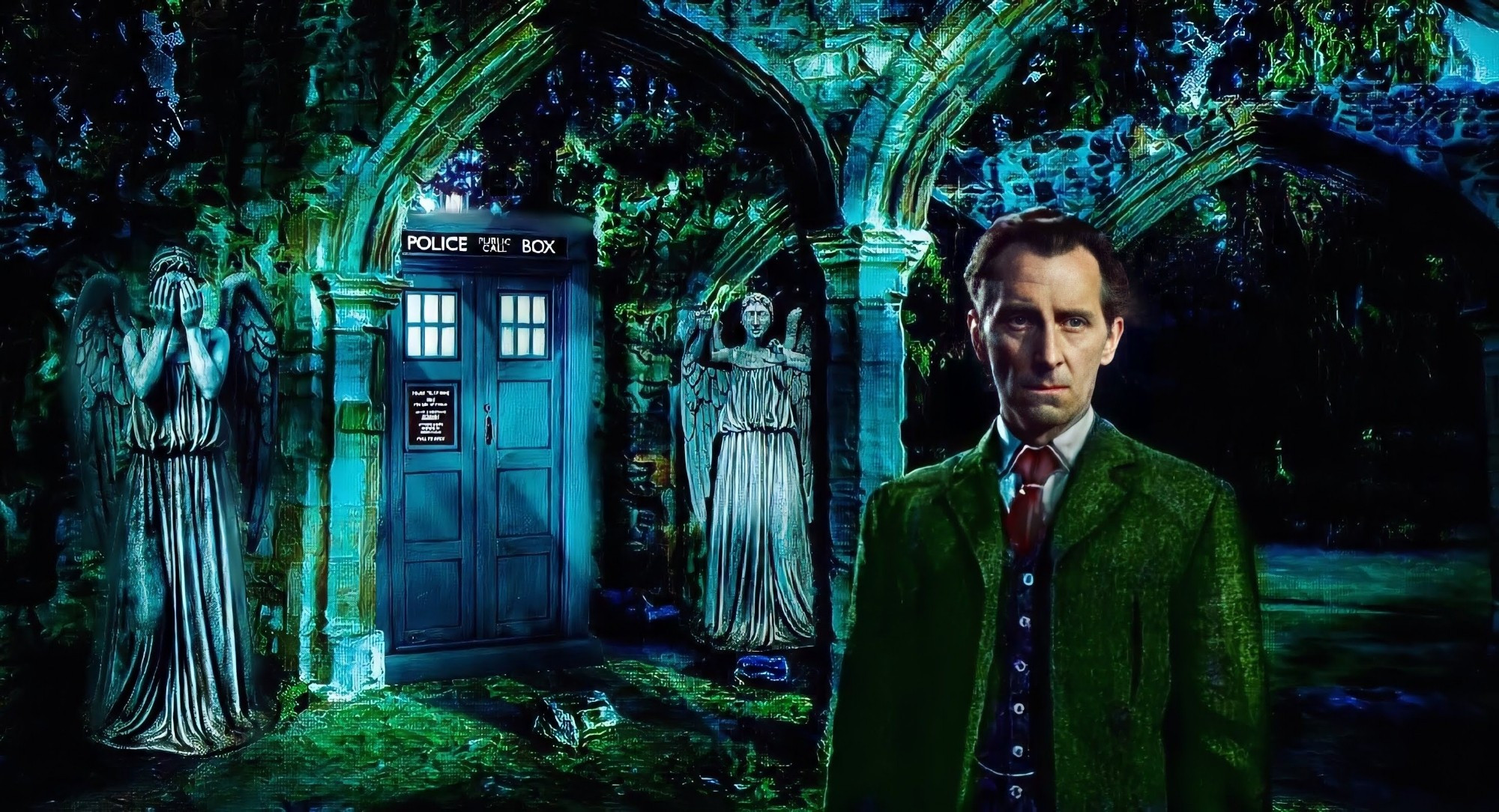 Image edit. In a ruined abby, the Doctor explores, shafts of moonlight pierce the tree canopy. Unbeknown to him, he is stalked by two weeping angels