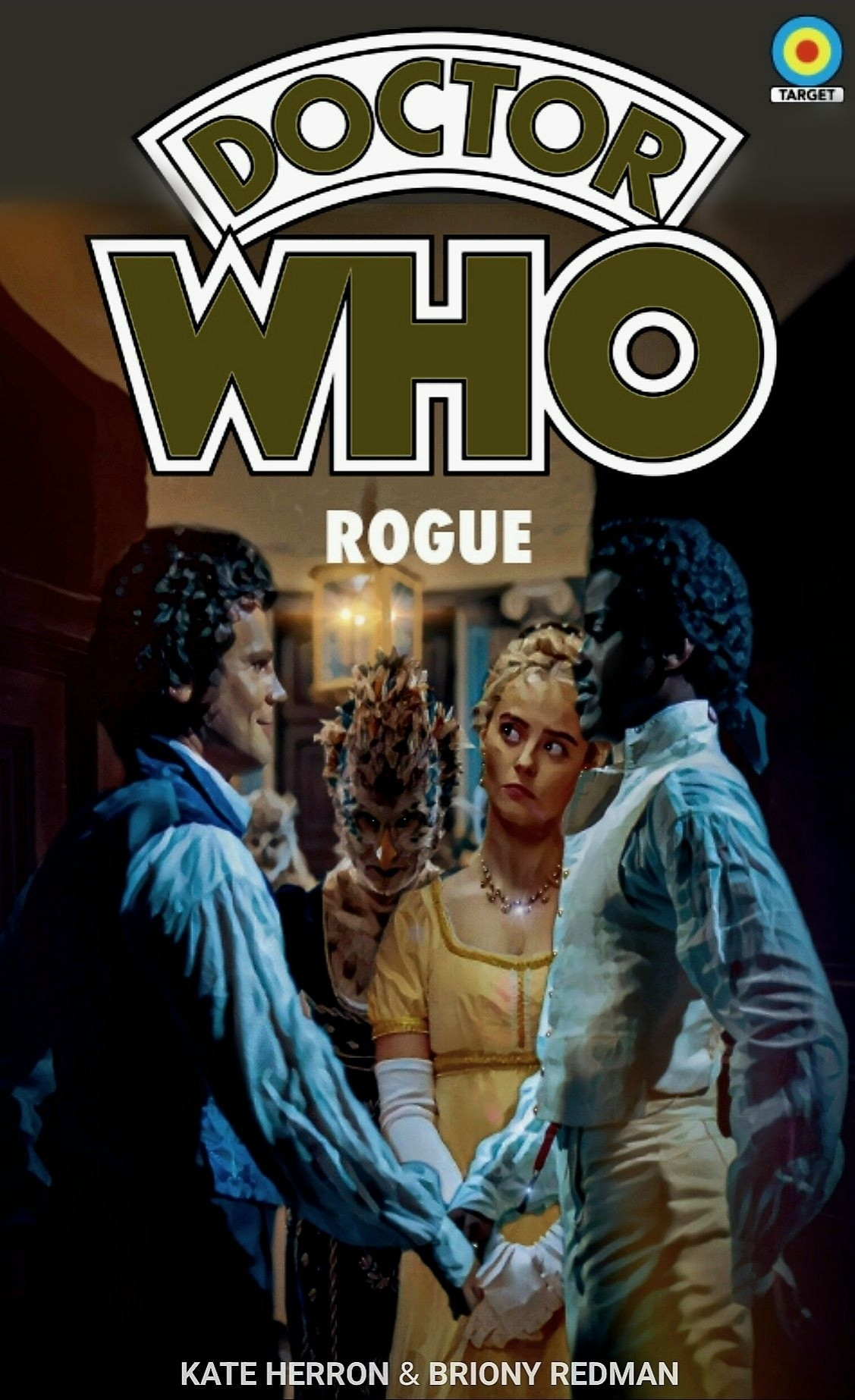 Image edit, in the style of a Target novelisation book cover. Rogue and the Doctor hold hands, about to dance whilst Ruby looks on. Meanwhile, in the background, the head Chuldur shape shifter walks in on them through a grand wooden doorway.