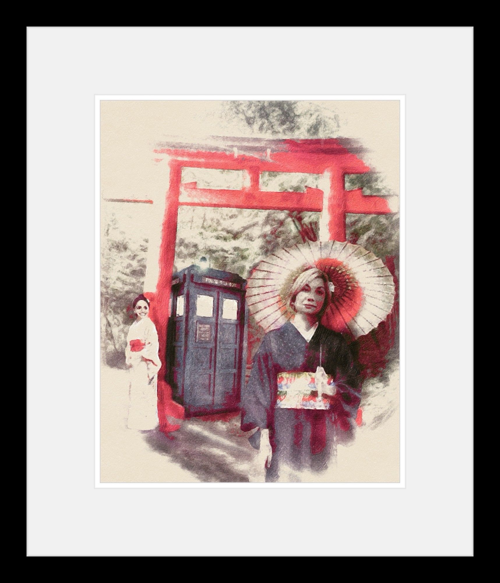 Image edit, in the style of a framed ink drawing. The Doctor and Yaz in traditional Japanese dress stand in a forest next to a torii gate.