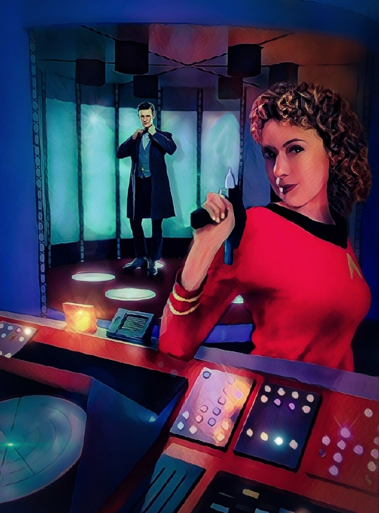 Image edit. River Song, in a starfleet uniform and clutching phaser, stands at the transporter controls. Meanwhile, behind on the transporter pad stands the Doctor adjusting his bow tie.