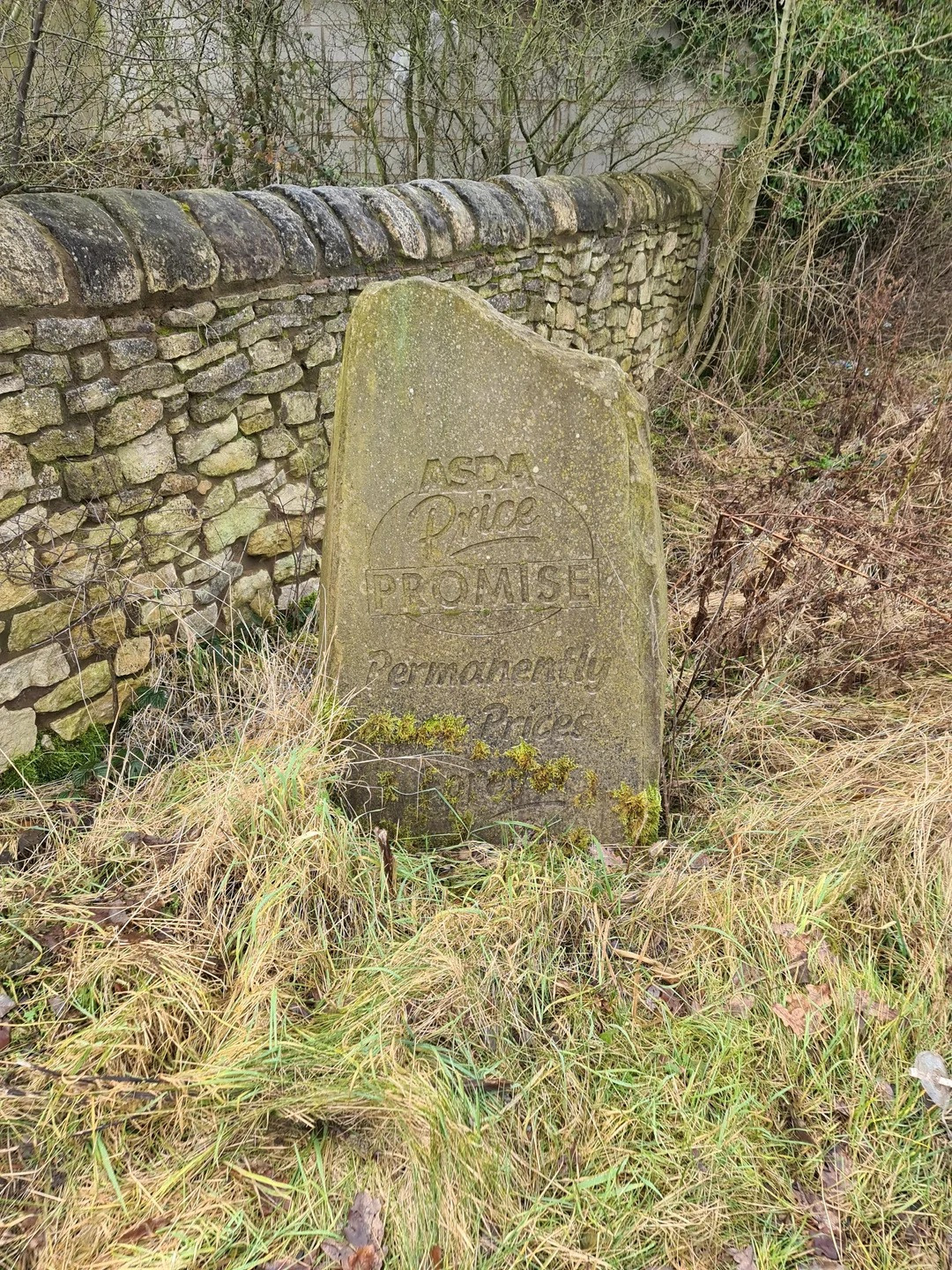 A stone that looks like a prehistoric standing stone but inscribed with "Asda Price Promise Permanently [text obscured] prices [text obscured].

The stone is by a Drystone wall and vegetation grows around it 