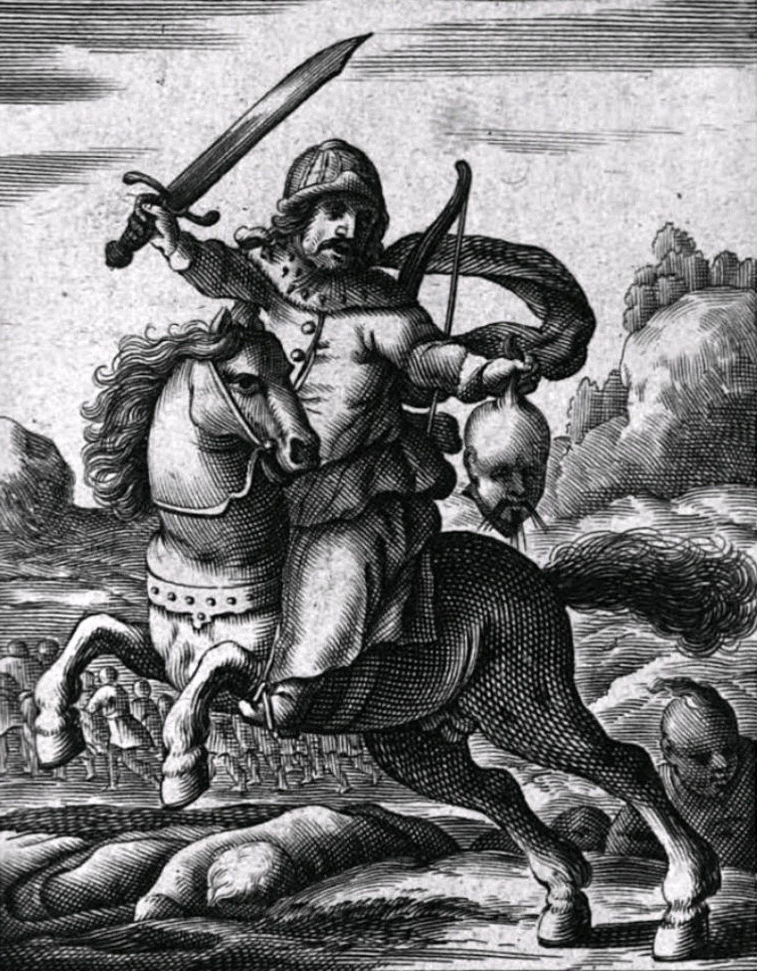 17th-century Dutch engraving of a "Tartar" soldier on horseback holding aloft a scimitar and a Chinese head.