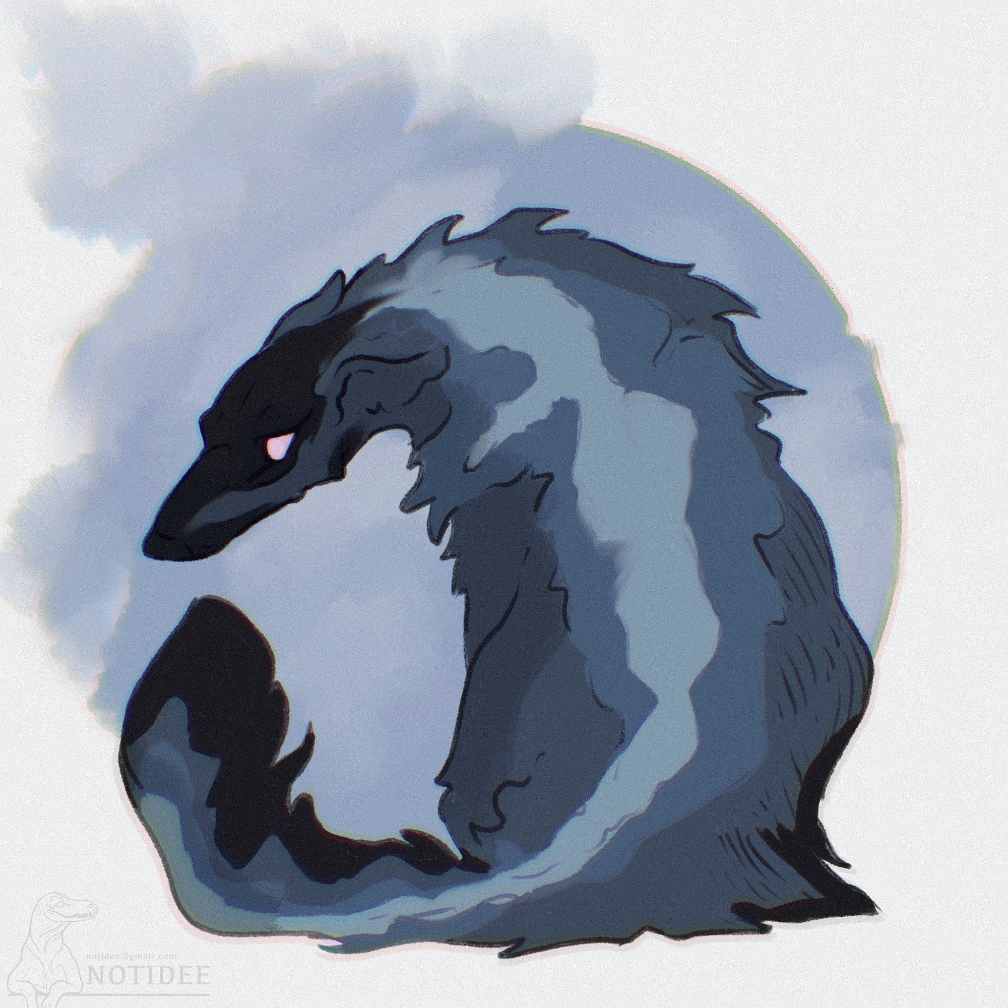 Sketch of a borzoi with fur ranging from dark to light blue and pale pink eyes