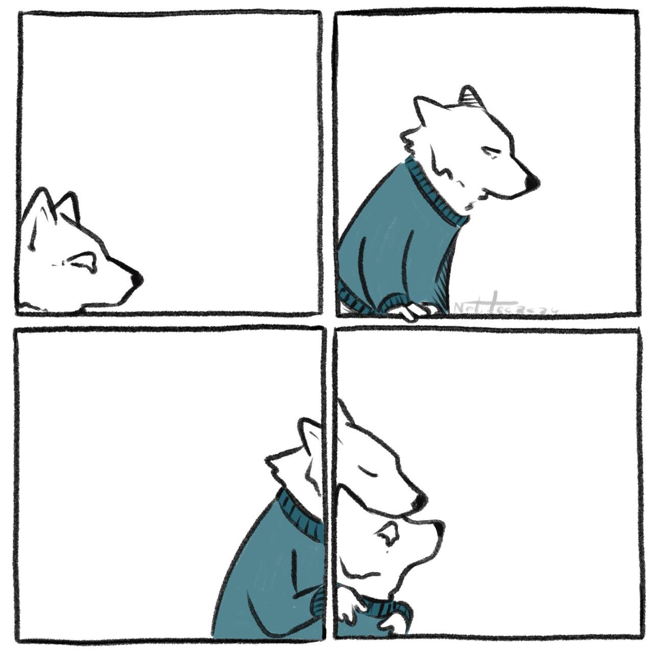 A four panels comic featuring a white anthropomorphic canid with a blue sweater. He’s looking to the right in with teary eyes in the first case, getting up in the second, before he gets out of the third case to hug his crying self in the forth. 