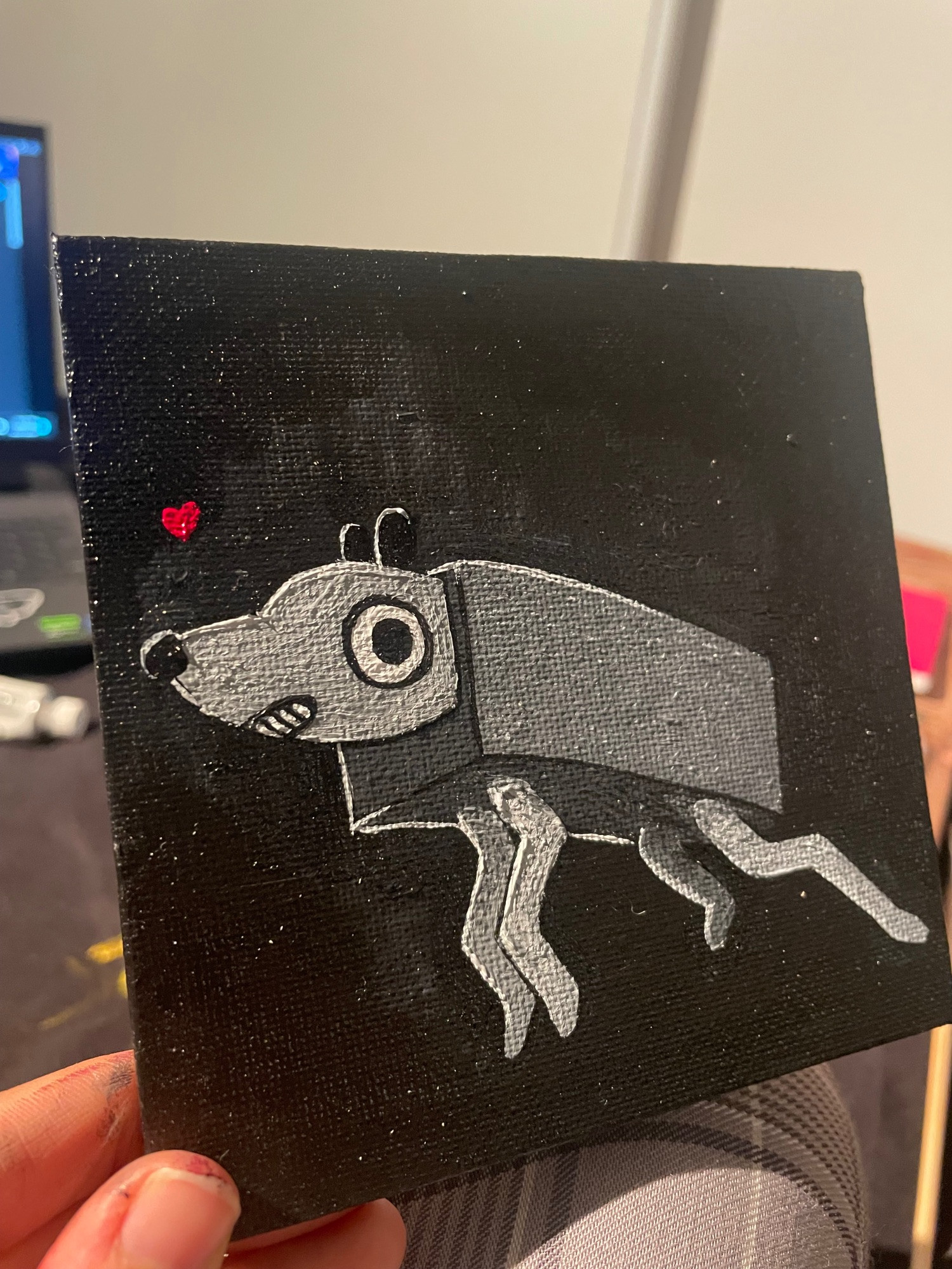 Small acrylic painting of a wobbled dog 