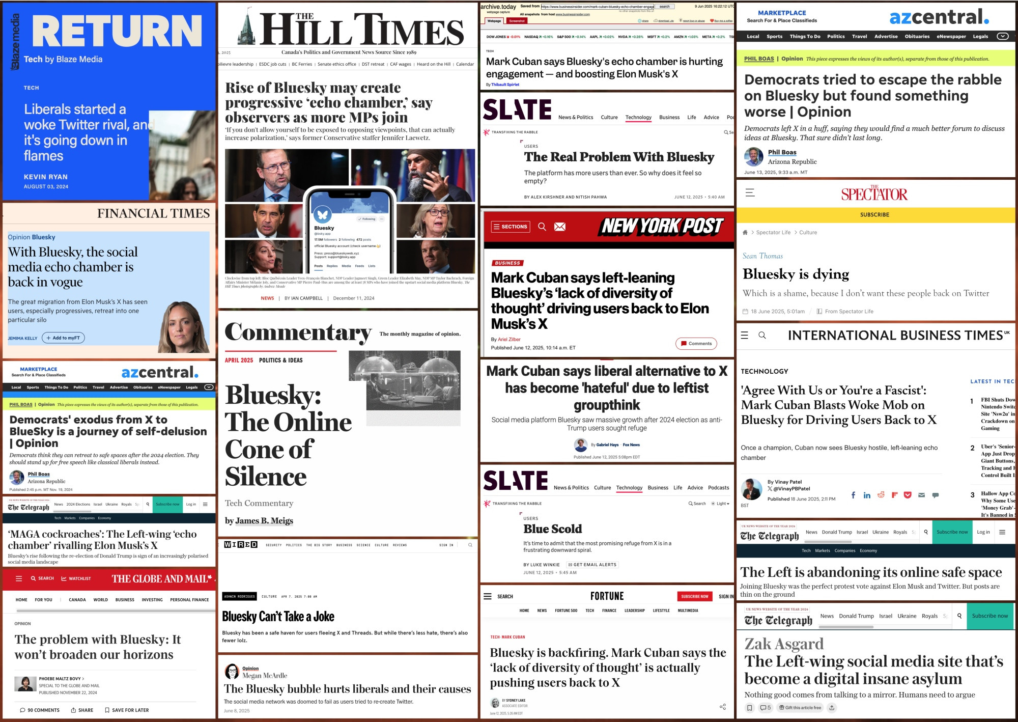 collage of 20 headlines about Bluesky