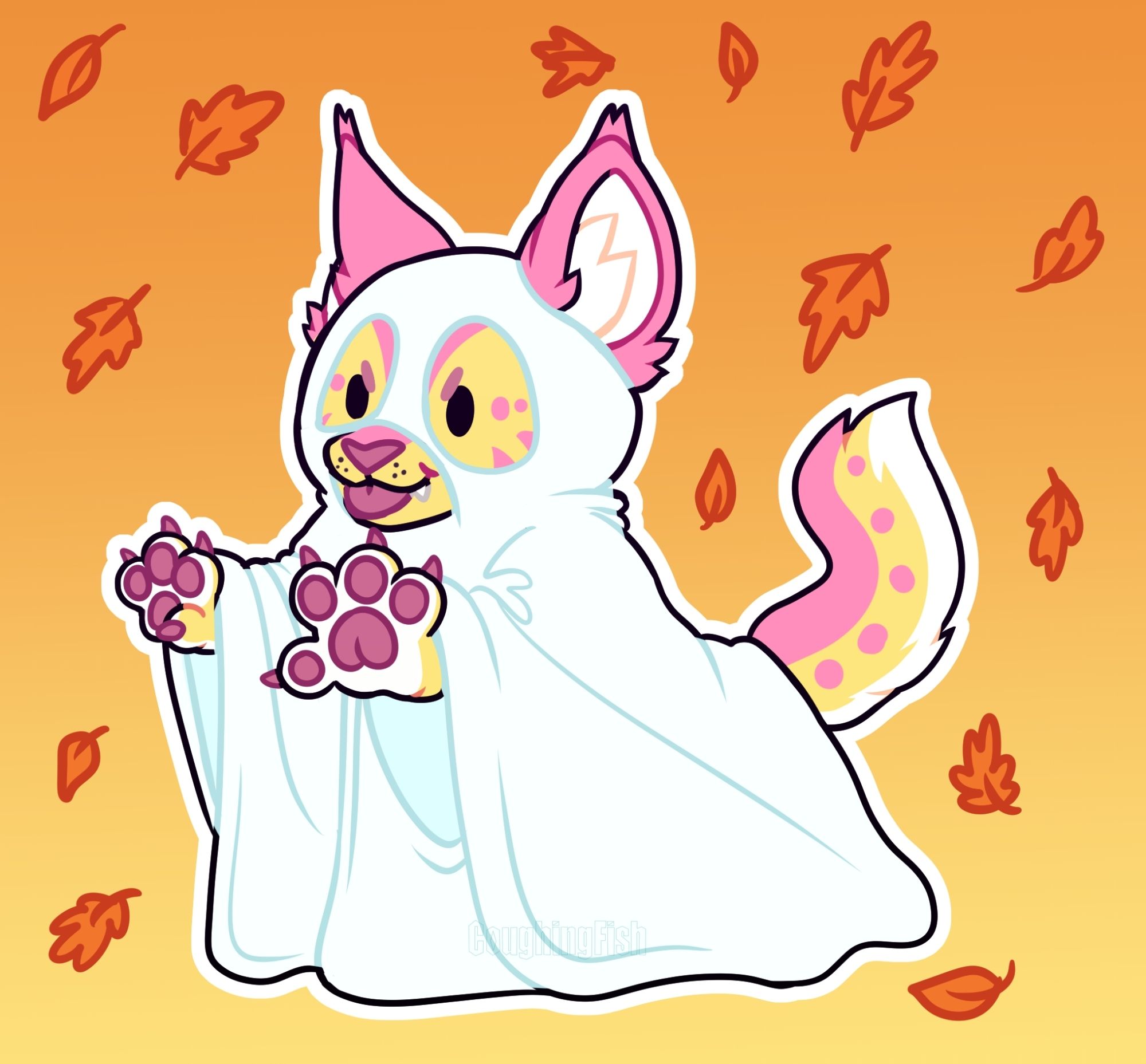 Lemonade, a yellow lynz with pink and white markings, dressed up as a sheet ghost. On a gradient orange to yellow background with falling orange leaves. Lemonade had a mischievous expression on his face and his tongue is poking out.