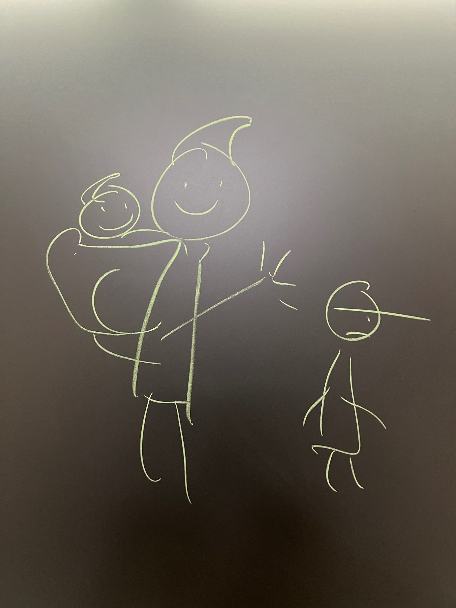 Terrible yellow chalk drawing of a stick figure Aeneas carrying a stick figure Anchises and accompanied by a stick figure Ascanius