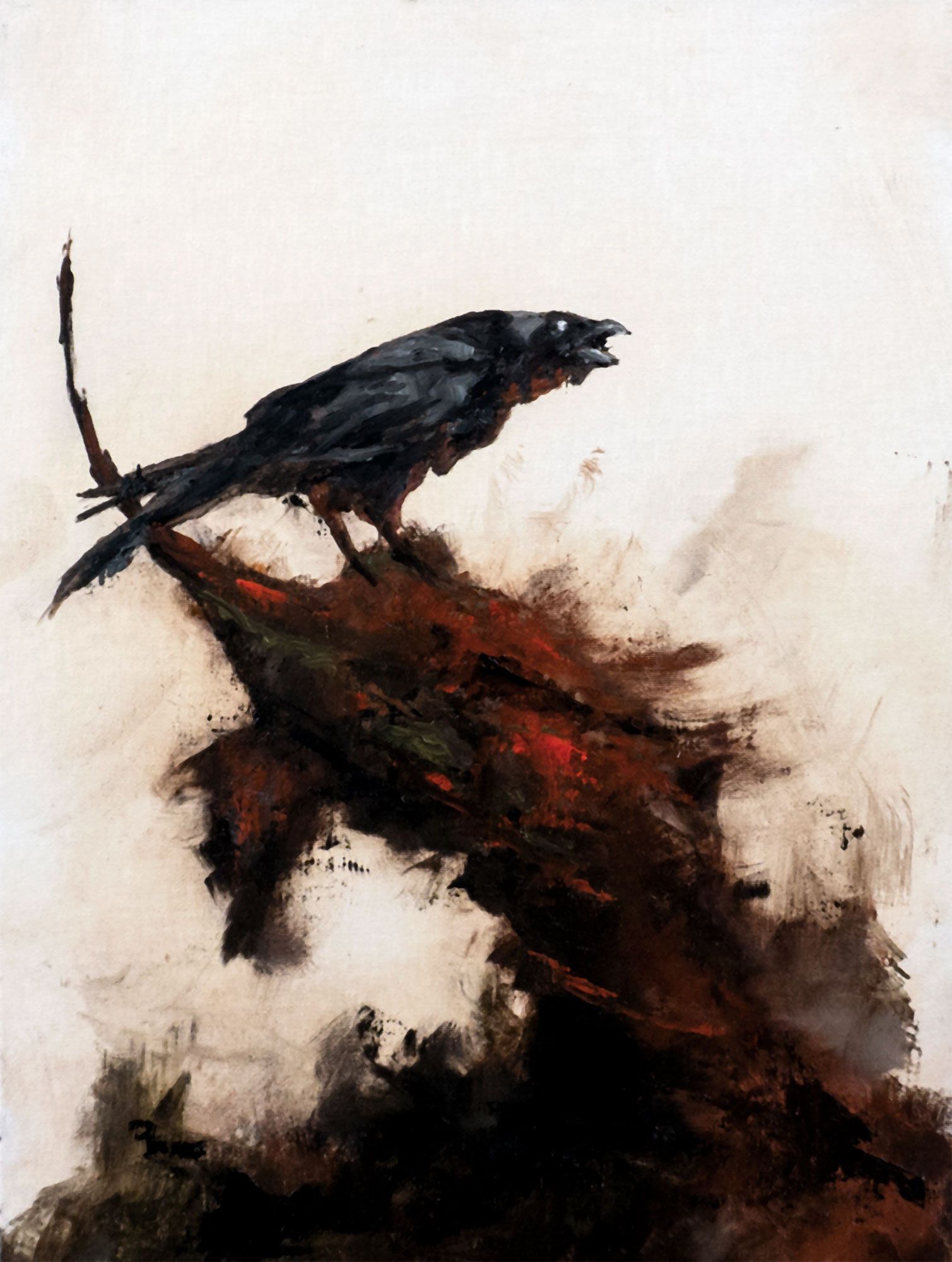 A painting of a dark corvid type bird sitting atop a red, bloody, abstract cluster.