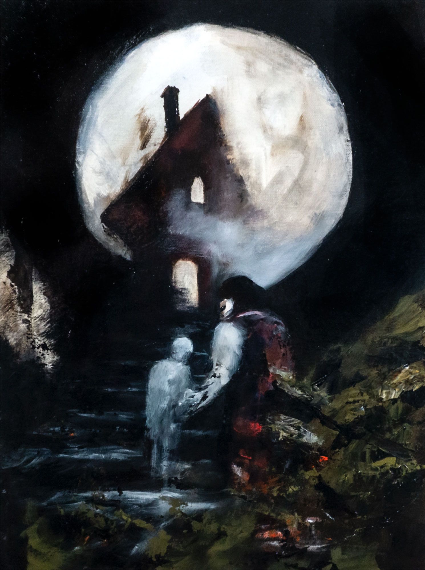 Oil painting of two figures walking up stairs towards a house illuminated by the moon