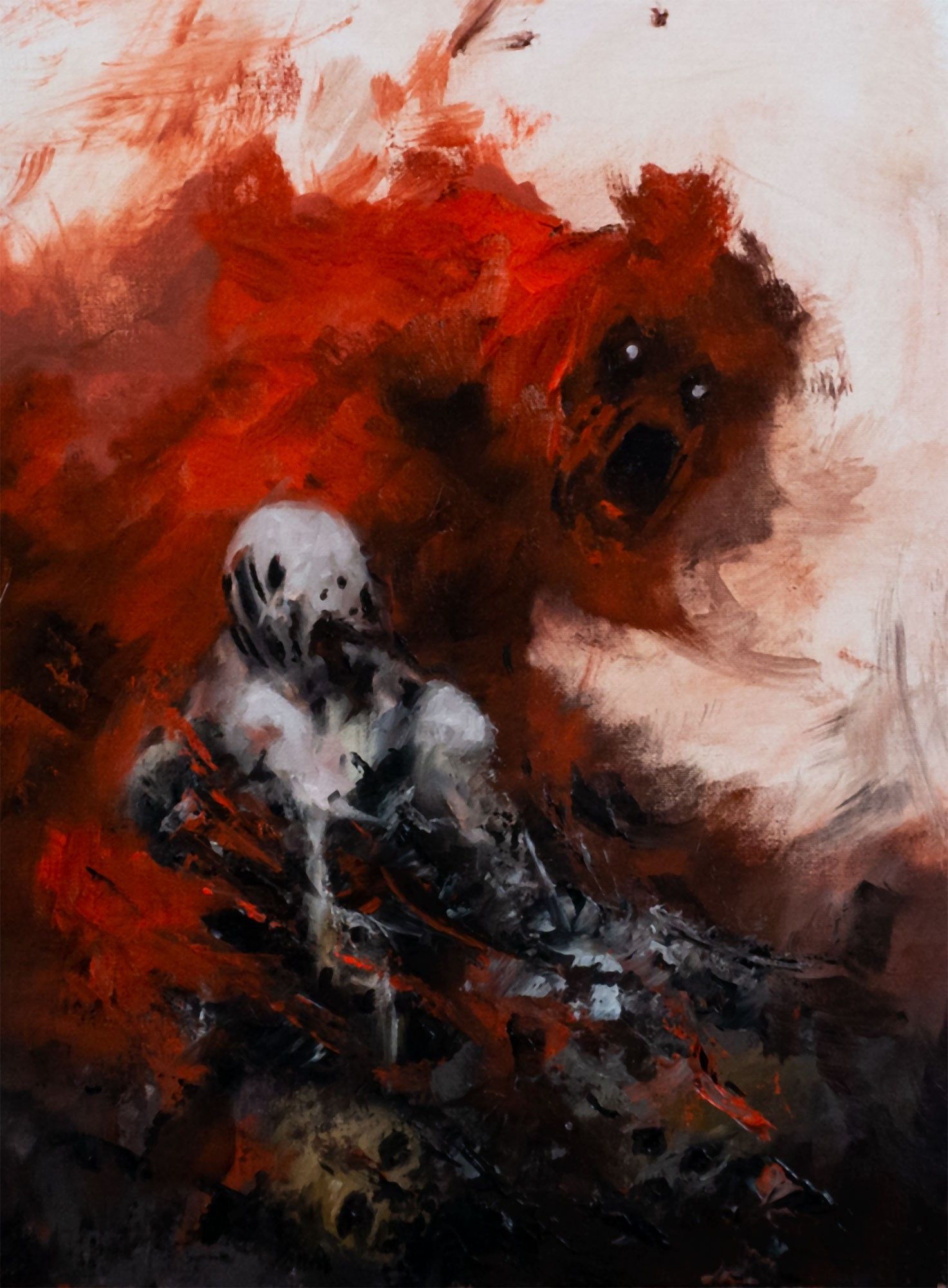 A painting of a red figure looming huge over the shoulder of a gray/brownish figure abstracted in the front.