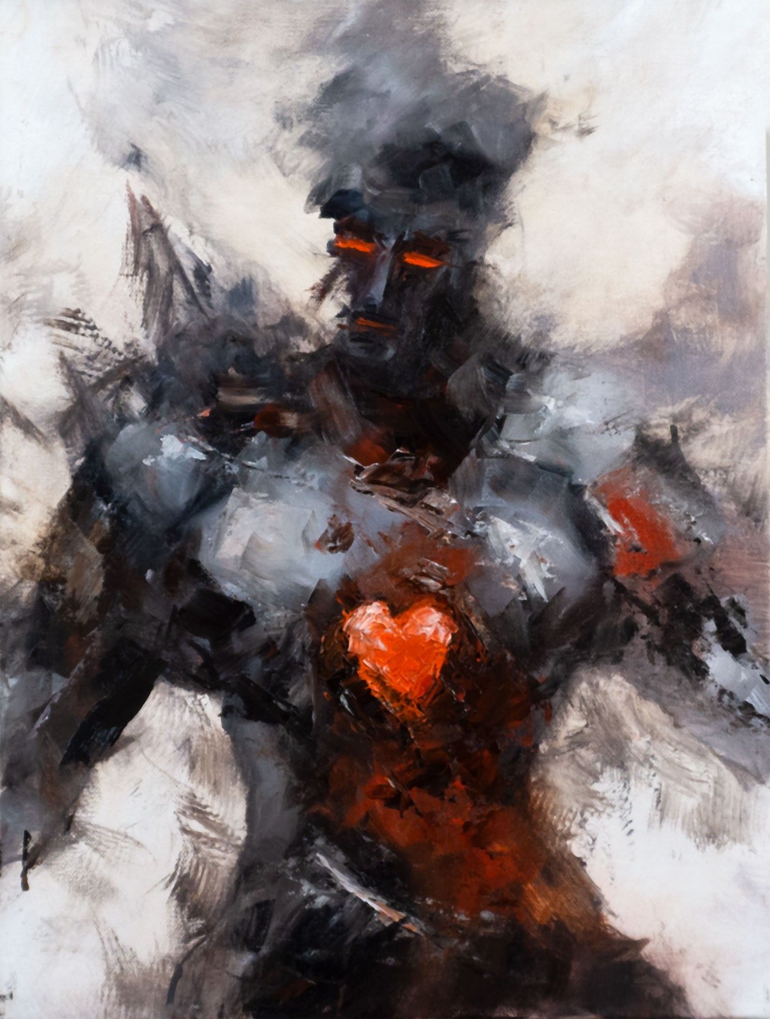 A painting of a gray mechanical looking figure with a glowing red heart in the center of their chest. Their eyes are also glowing red.