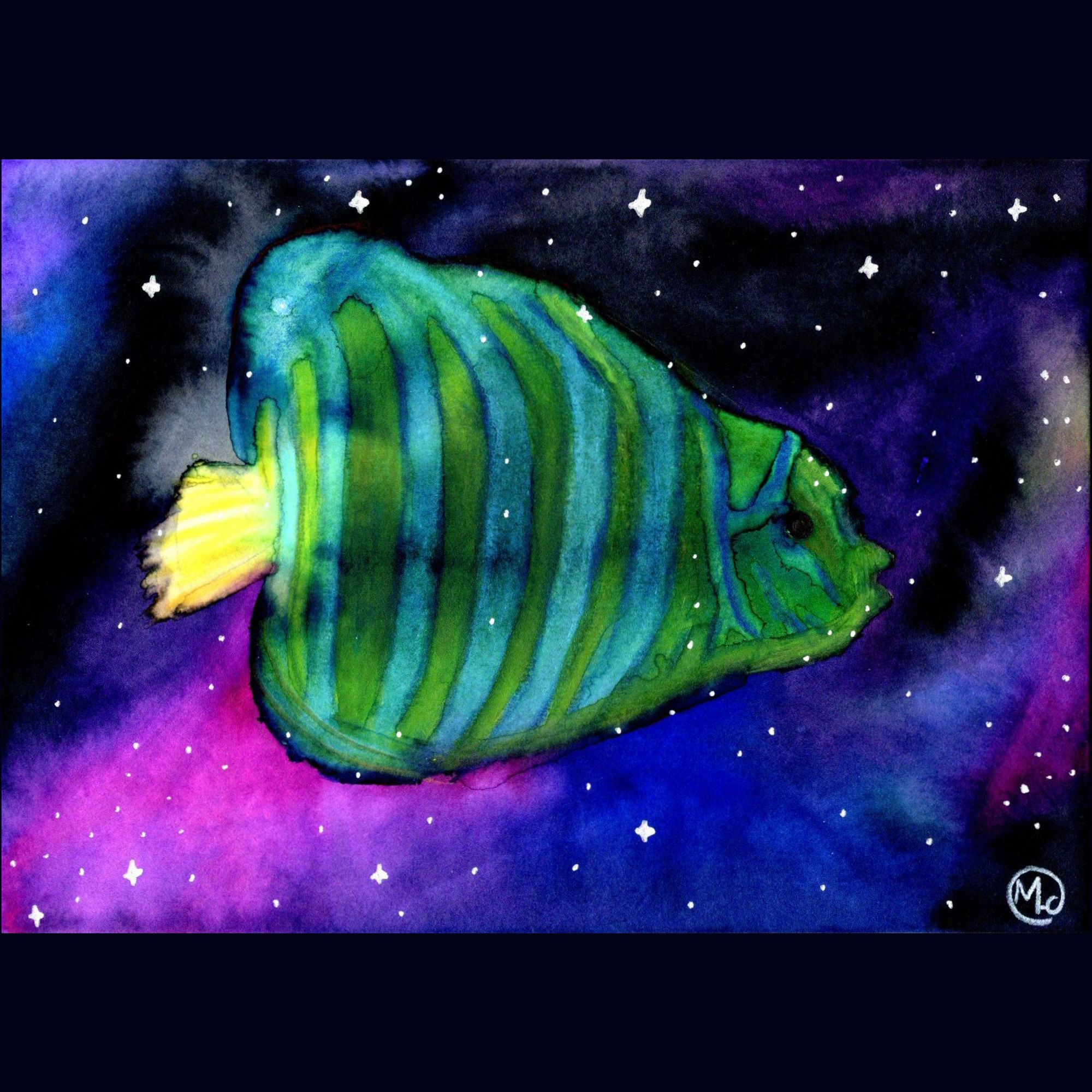 Watercolour painting of a large blue-striped green angelfish with a yellow tail on a purple-blue-black galaxy background filled with stars.