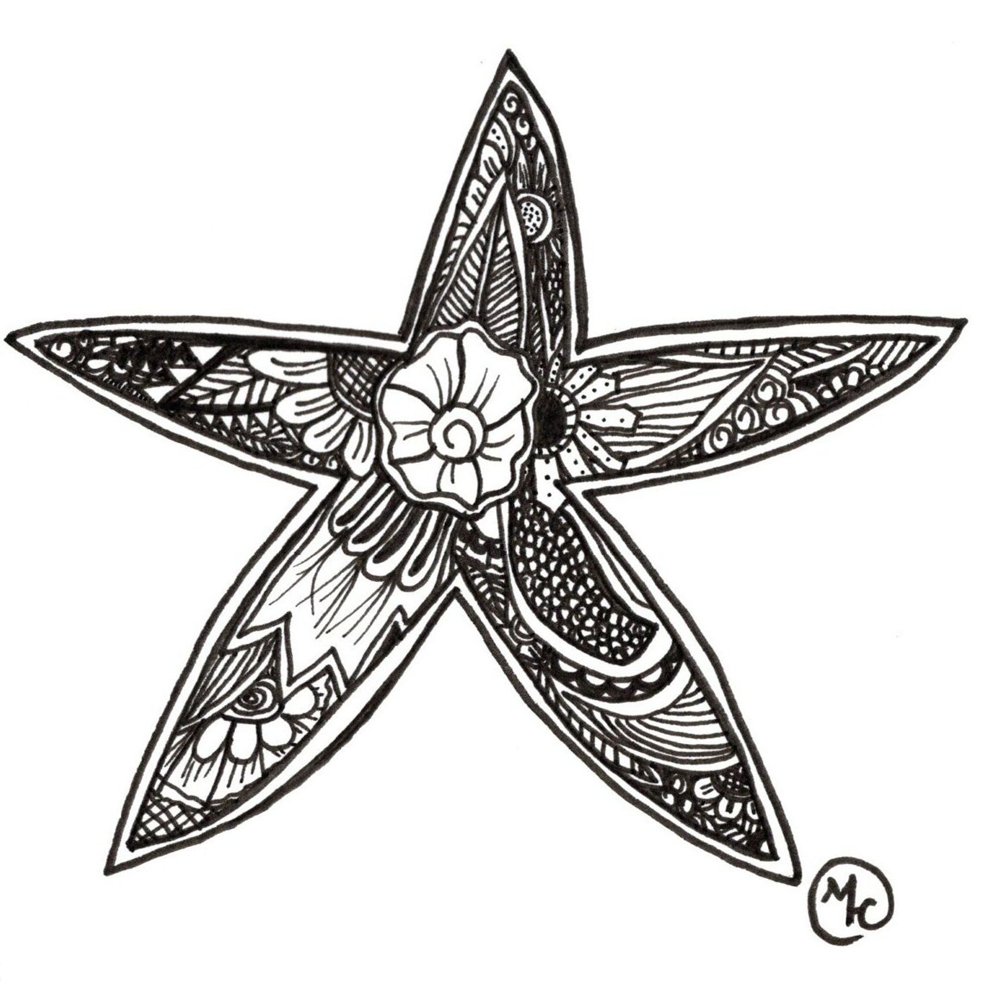 Black fineliner drawing of a starfish outline filled with floral doodles and overlapping leaf illustrations.