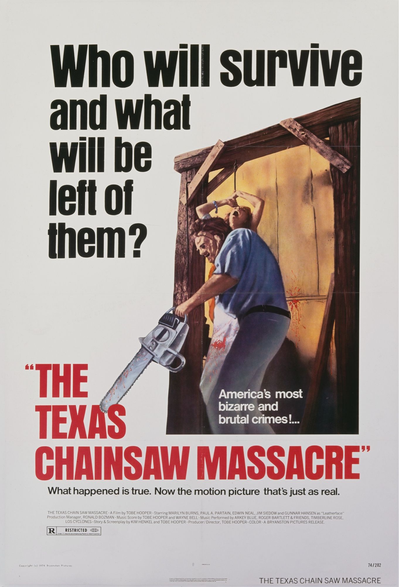 Movie poster for “The Texas Chainsaw Massacre”. Leatherface wielding a chainsaw and black text “Who will survive and what will be left of them?” make up most of the poster. Title is in red text.