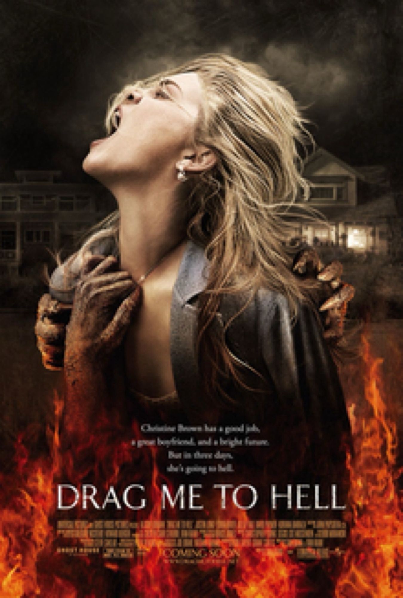 Drag Me To Hell (2009) theatrical movie poster. Blond actress screaming as she is dragged by hands into the fires of Hell