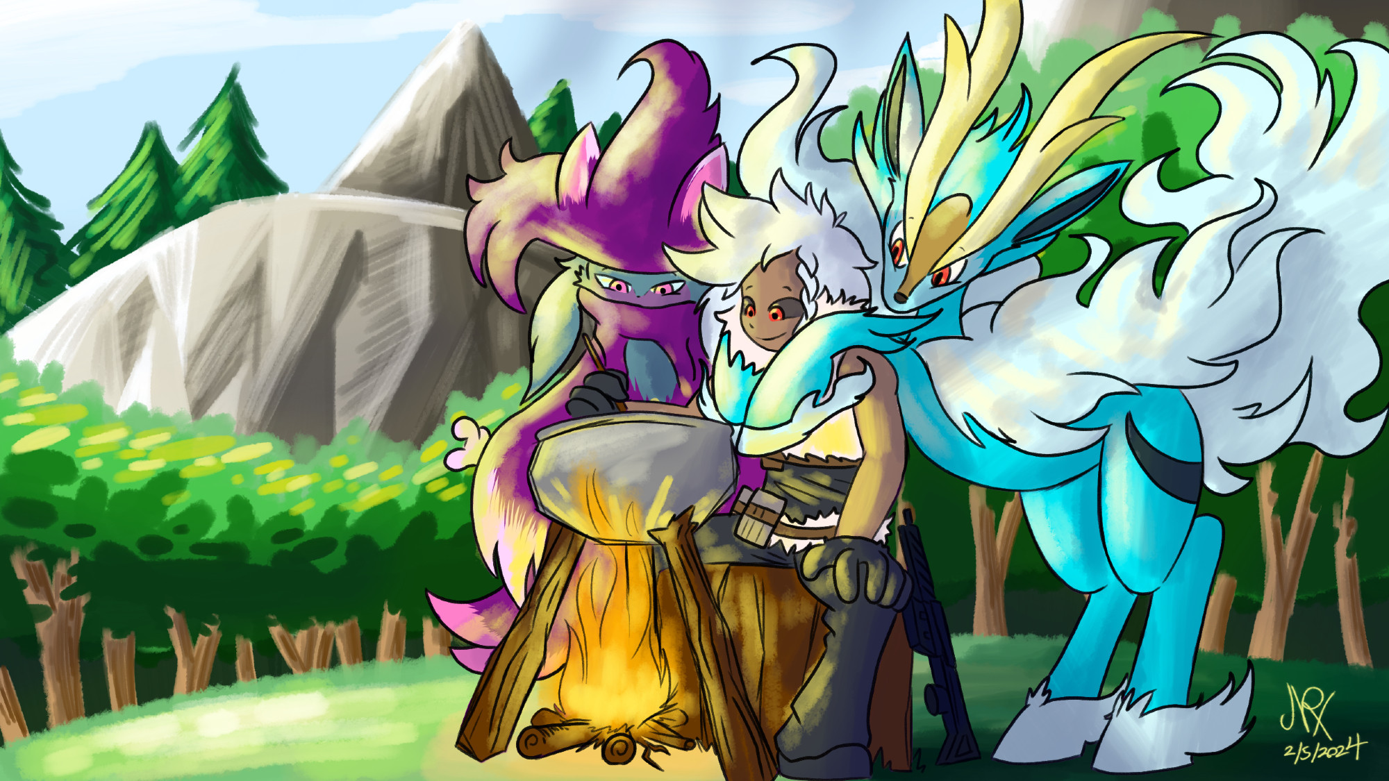 The Character named Sentry is sitting on a log while cooking up something in a pot over a fire. Katress and Fenglope from Palworld are to his Right and Left.