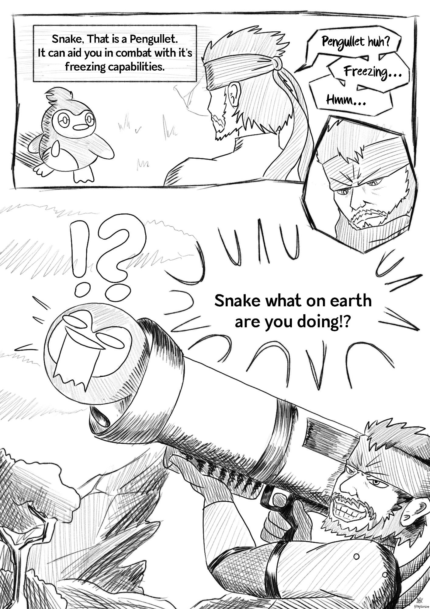 Solid Snake from Metal Gear Solid, and Pengullet from Palworld. Where Snake is loading Pengullet into a rocket launcher after hearing that Pengullet can "Aid in combat with it's freezing capabilities."