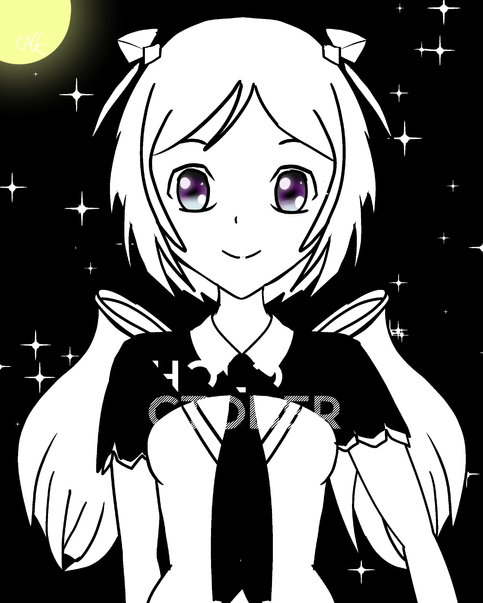 Aki Rosenthal of Hololive drawn in a standard pose but colored solely in a Monochromatic (Black and White) color scheme.