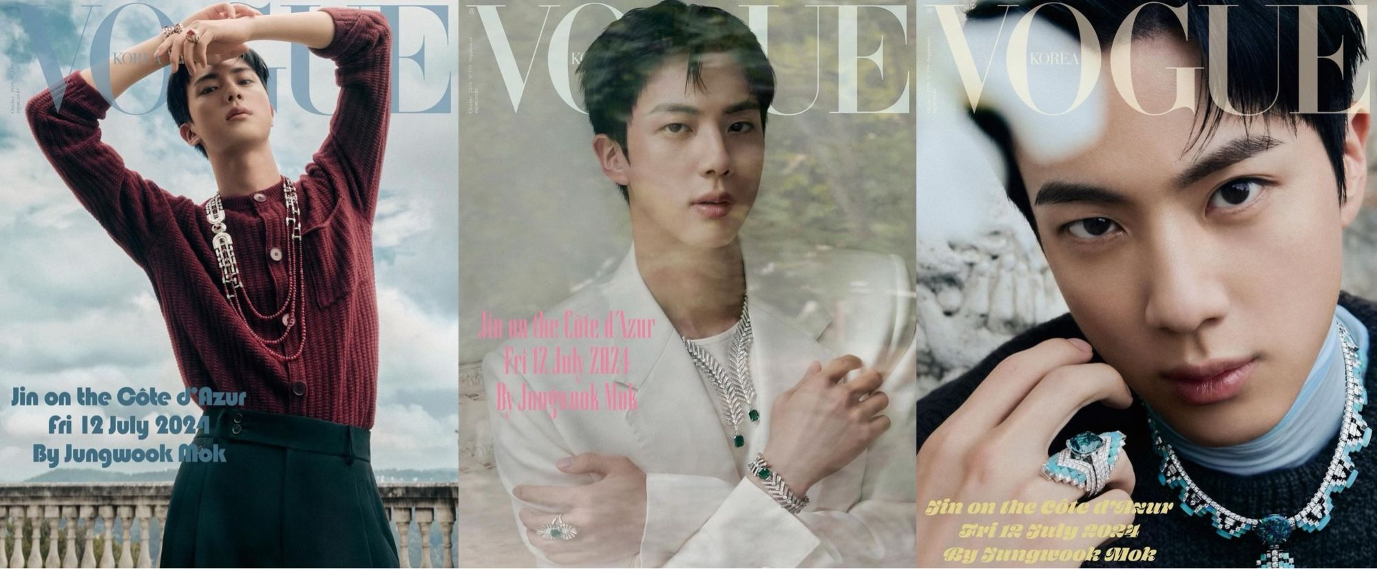 A collage of vogue Magazine cover photos with Seokjin: (Left: Him wearing maroon top with raised arms, Center: Him wearing white suit with crossed arms, Right: Close up shot of his face)