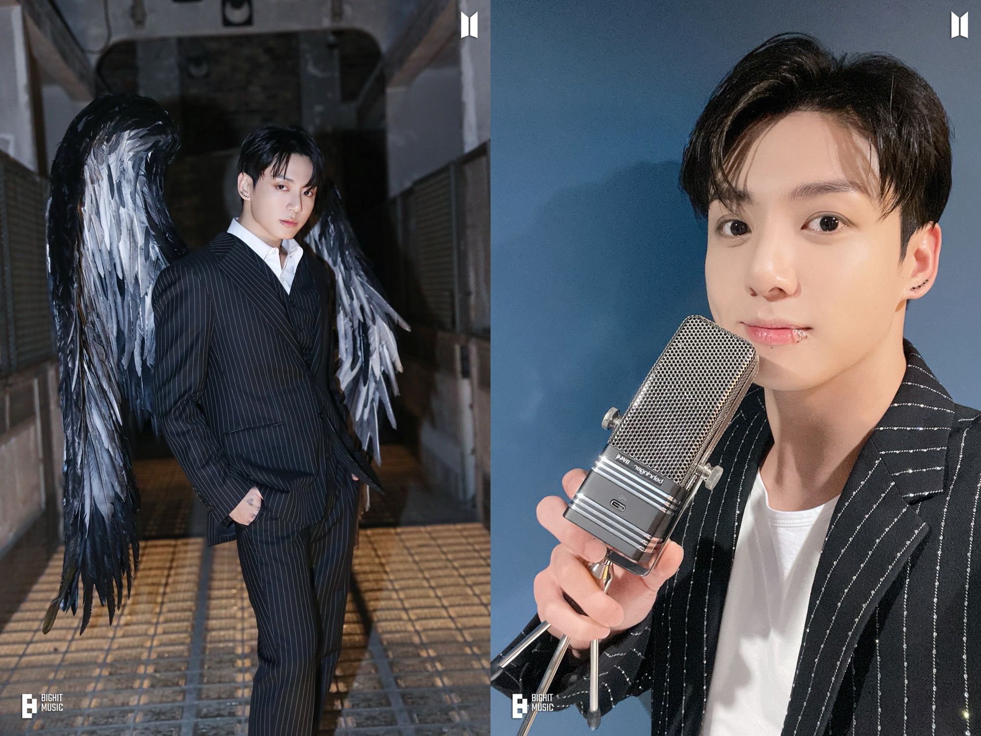 2 photos of Jungkook in suit. Left with his SNTY wings, and right holding a mic.