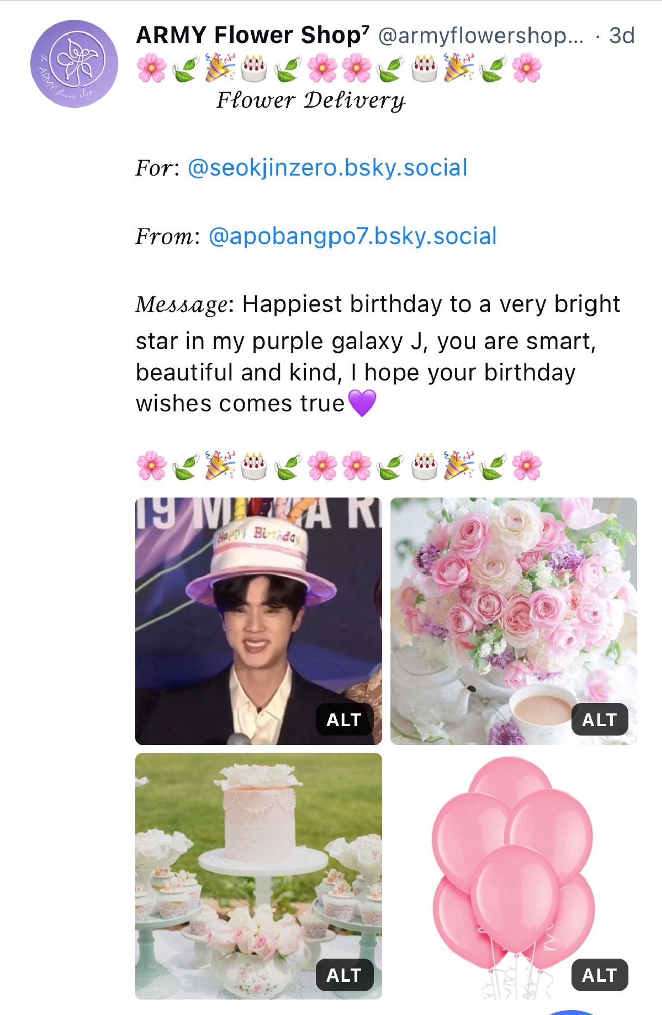 Bluesky screenshot of the flower shop’s transaction; it shows Seokjin with the birthday hat, pink bouquet, pink cake, pink balloons.