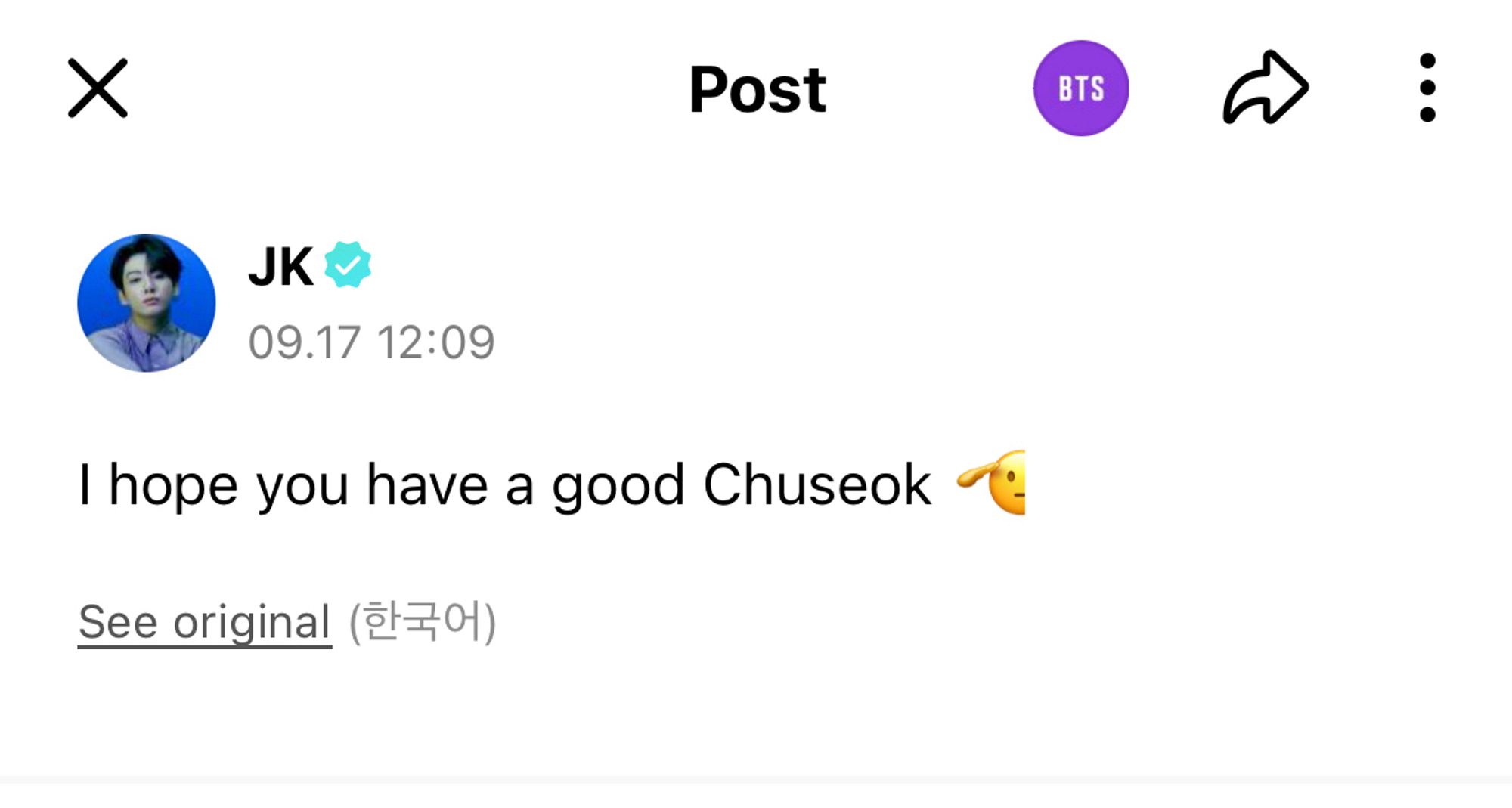 Jungkook on Weverse, greeting a Happy Chuseok