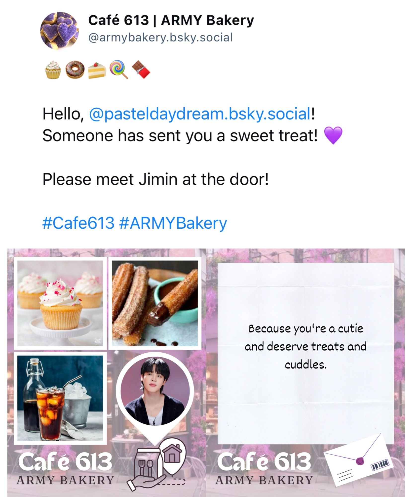 Bluesky screenshot of the café; it shows a collage of cupcakes, churros, iced coffee, Jimin, and a small letter.