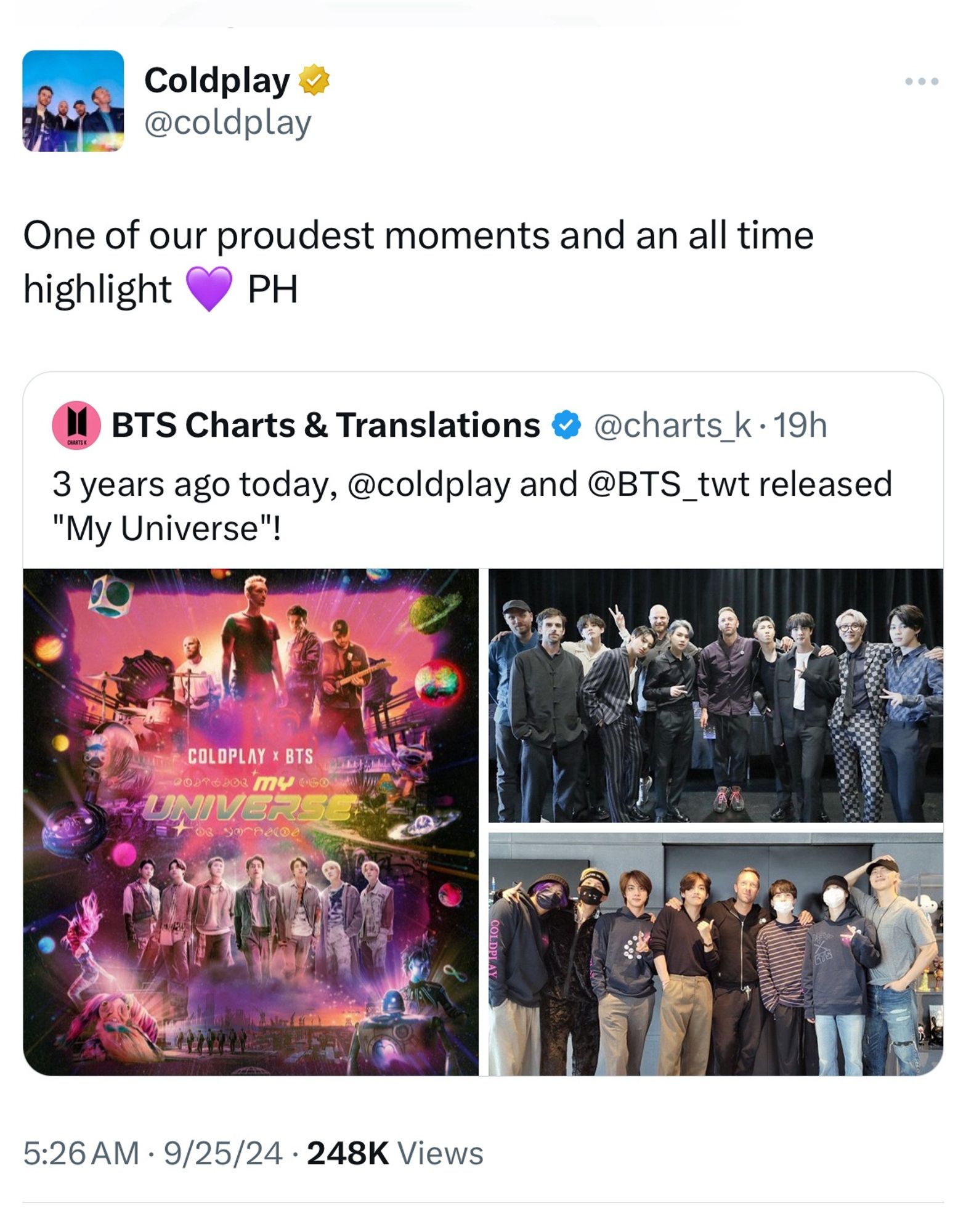 Screenshot of Coldplay’s X post featuring the official poster of My Universe and two group photos with the members of BTS.