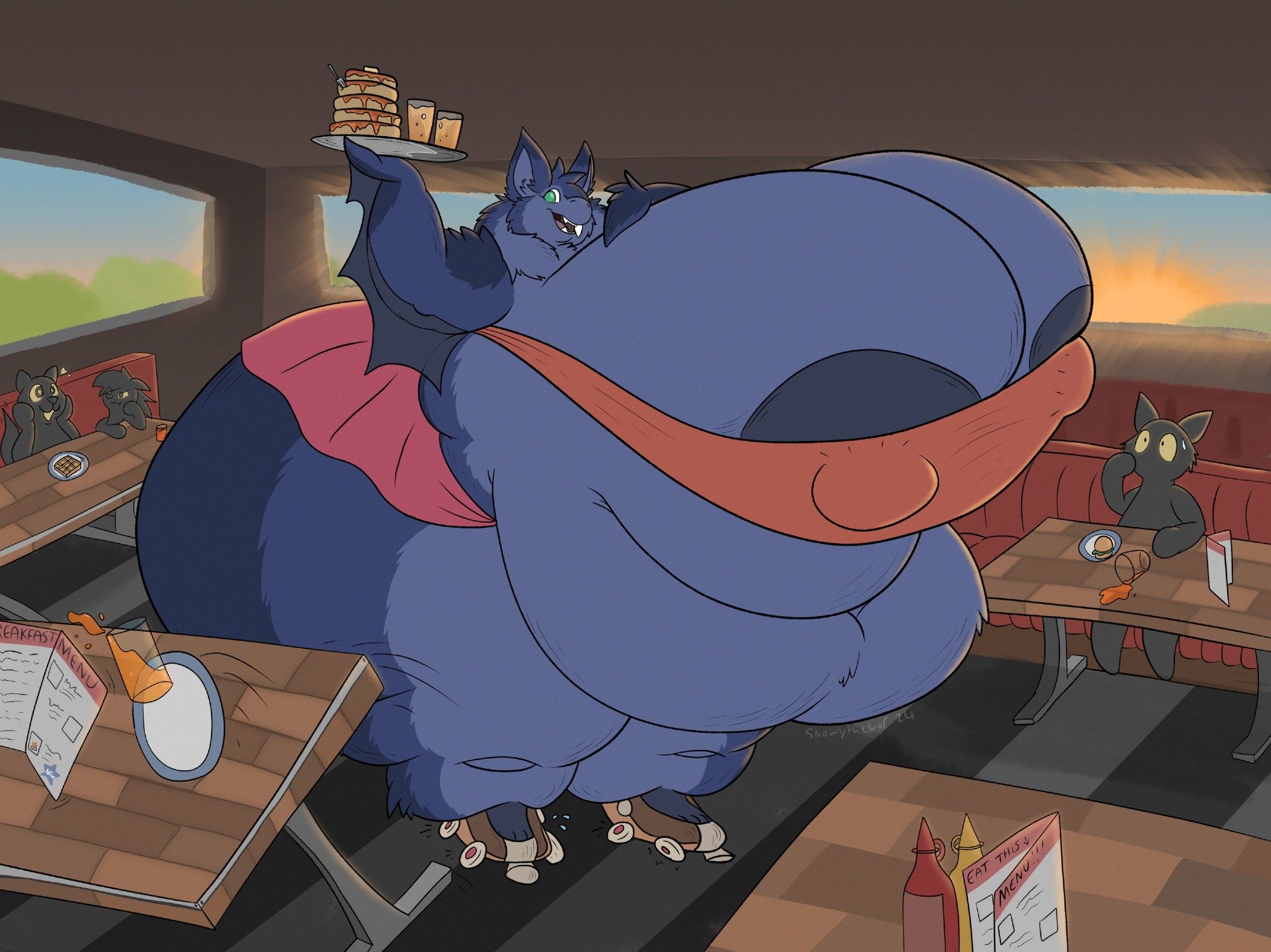 Blue the bat, an enormous busty bat is working as a waitress at a restaurant, with onlookers starting in awe.
original at https://www.furaffinity.net/view/56338392/