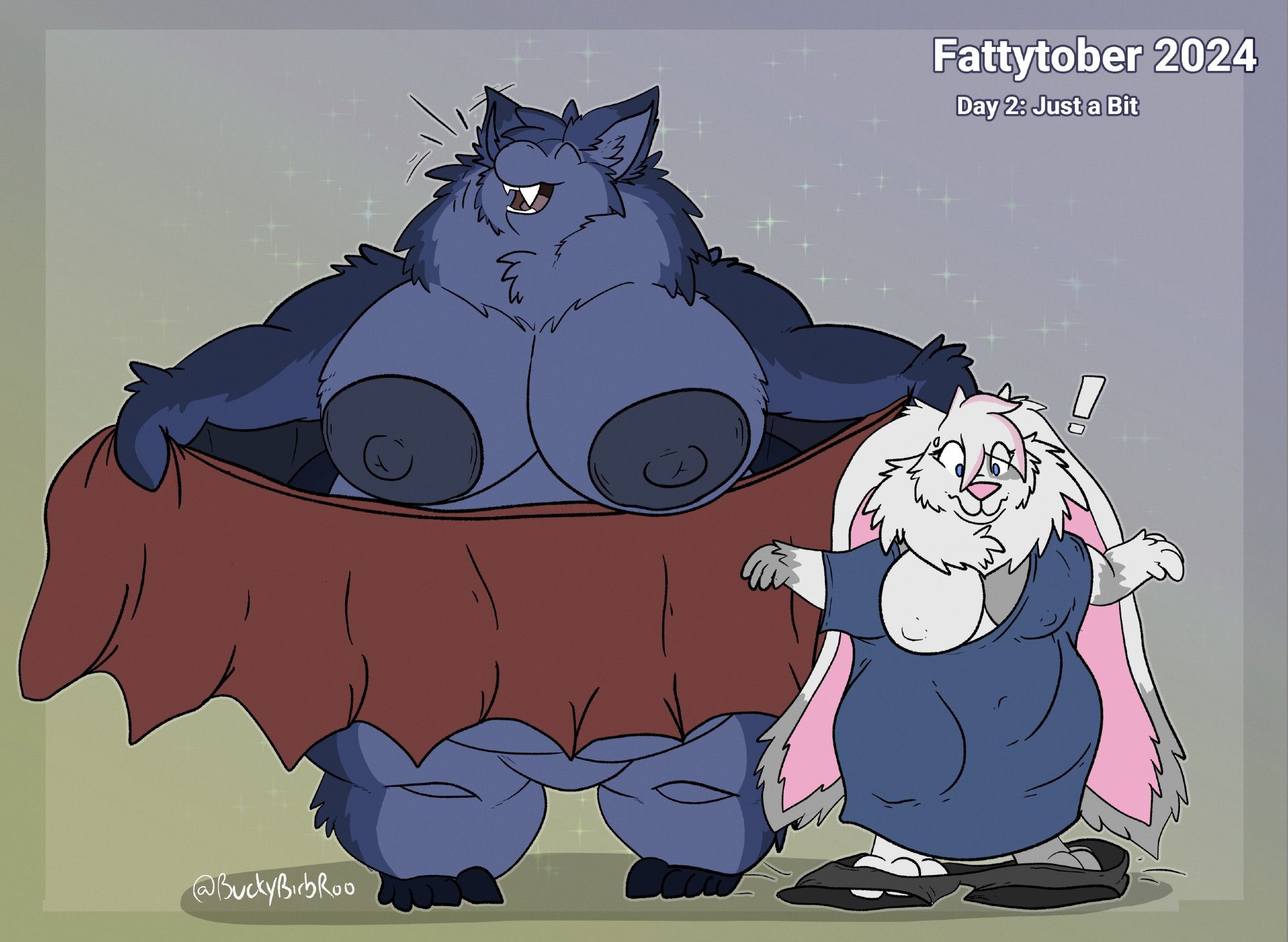 A chubby bear-bat and bunny are trying on old clothes, but they are way too big due to their slimmed down frames. The bat is laughing while the bunny looks embarrassed.